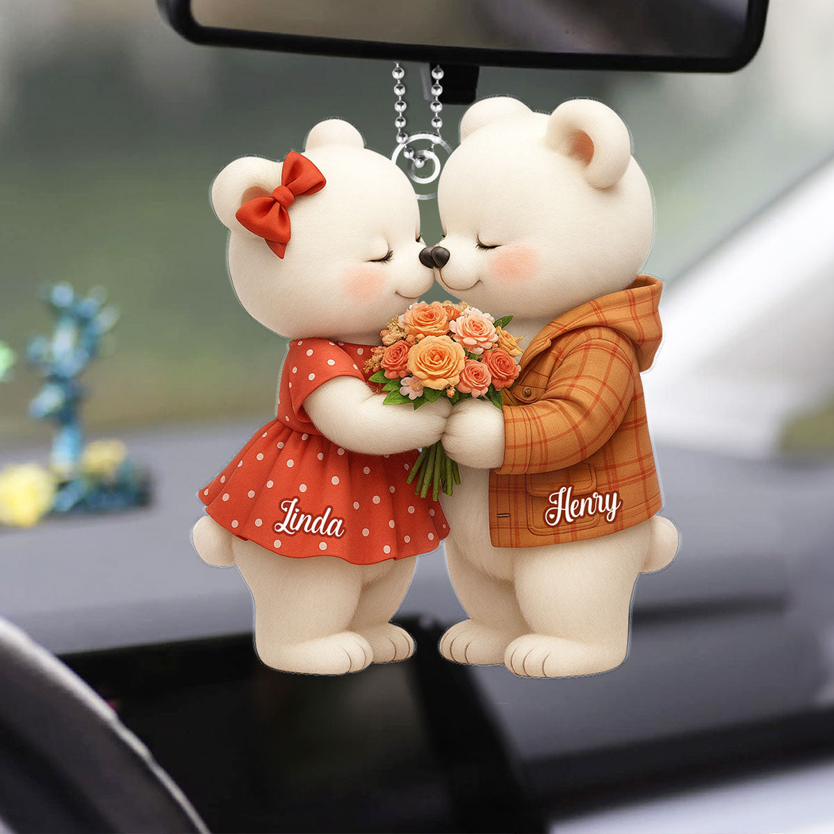 Loving Kissing Bear Couple - Personalized Acrylic Car Hanger - Sentimental Gift for him, for her
