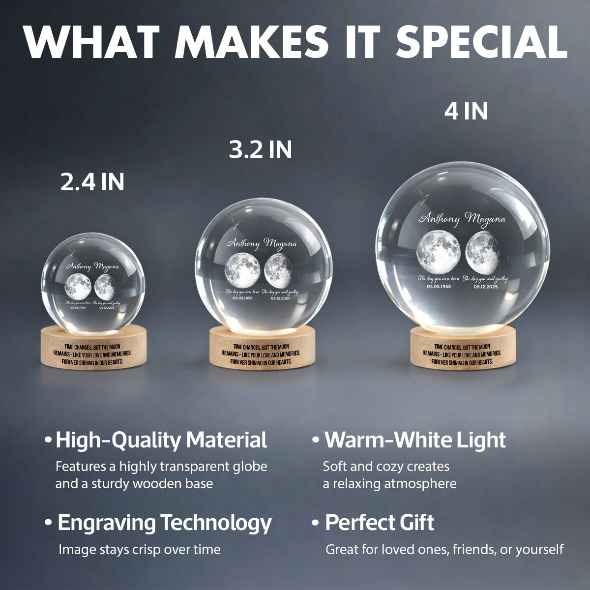 Lost Loved One Moon Phase Art - Personalized Crystal Ball LED Night Light - Memorial Keepsake Sympathy Gift