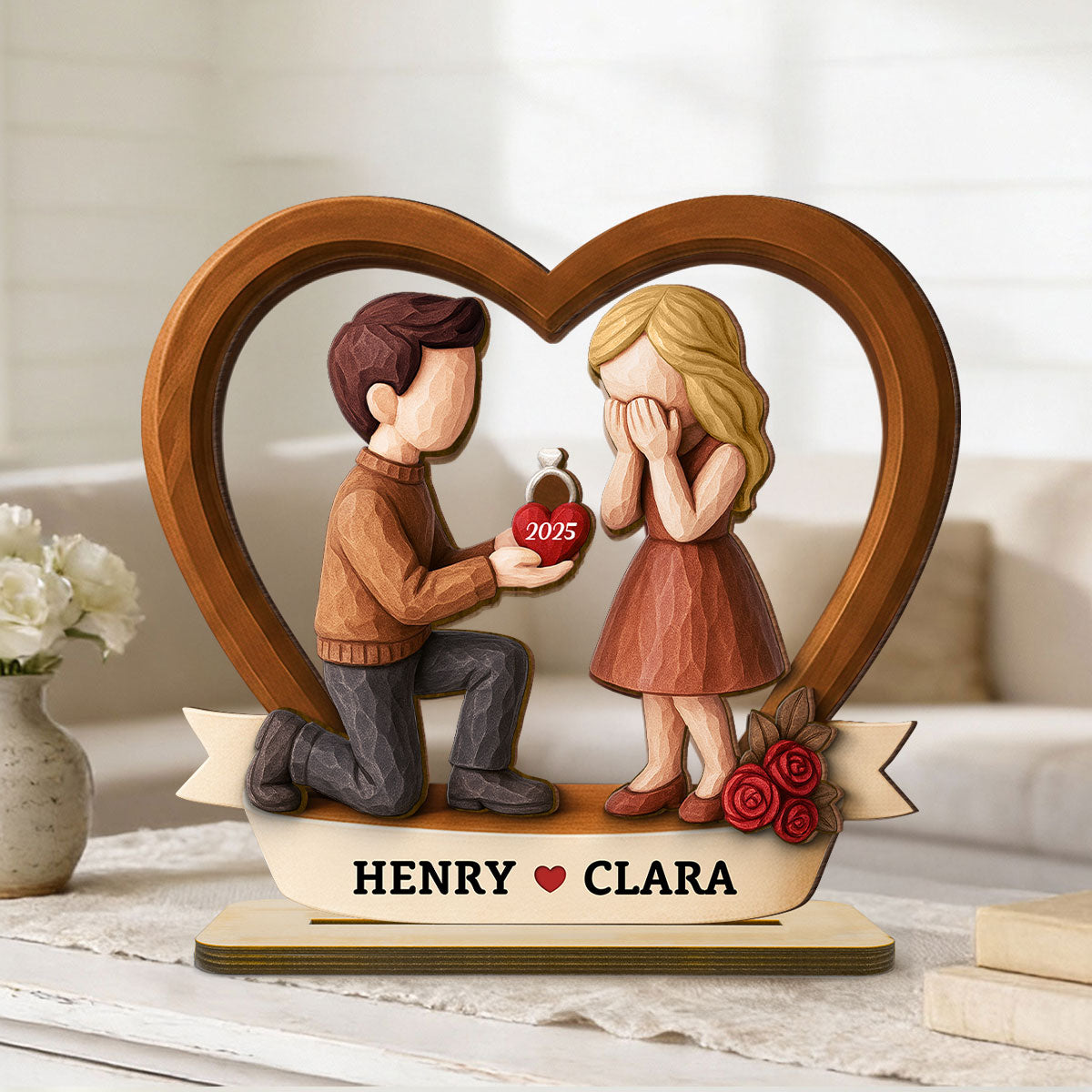 Couple Marriage Proposal 3D Wooden Effect - Personalized Wooden Plaque - Newly Engaged Gift, ""She Said Yes!""