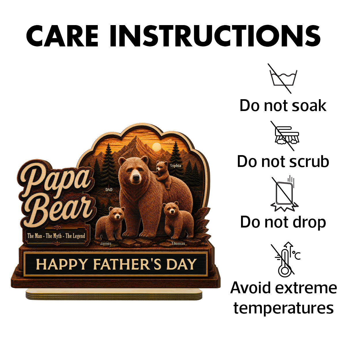 Papa Bear The Man The Myth The Legend 2D Flat - Personalized 2-Layered Wooden Plaque -  Gift For Husband, Dad