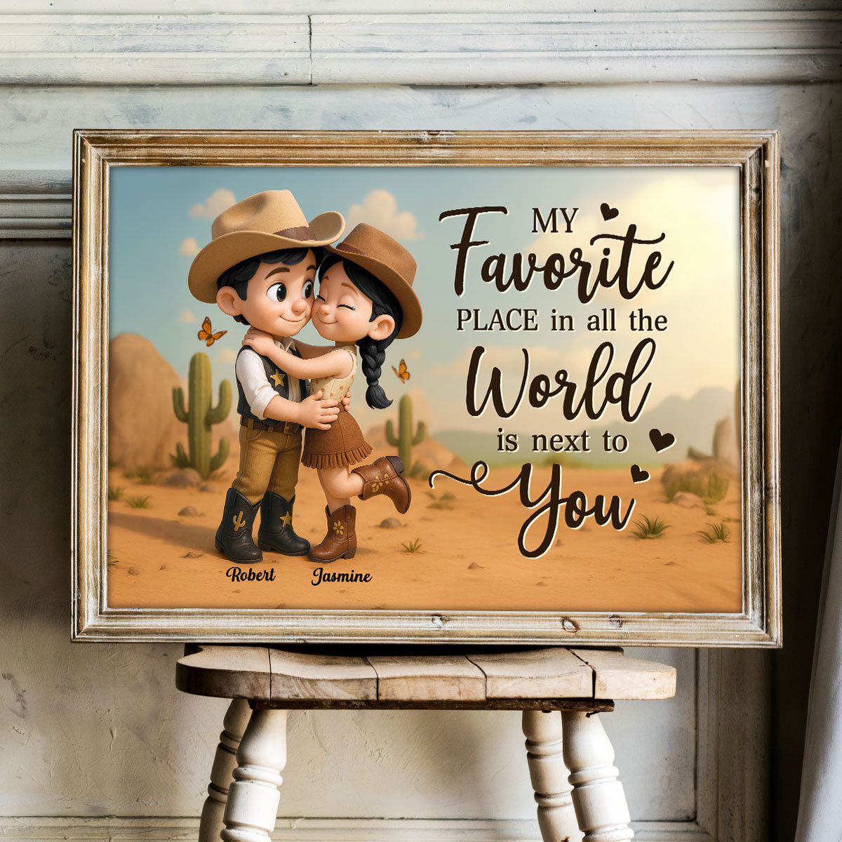Favorite Place Is Next To You Cartoon Style Countryside Couple Cowboy Cowgirl Home Decor Personalized Poster