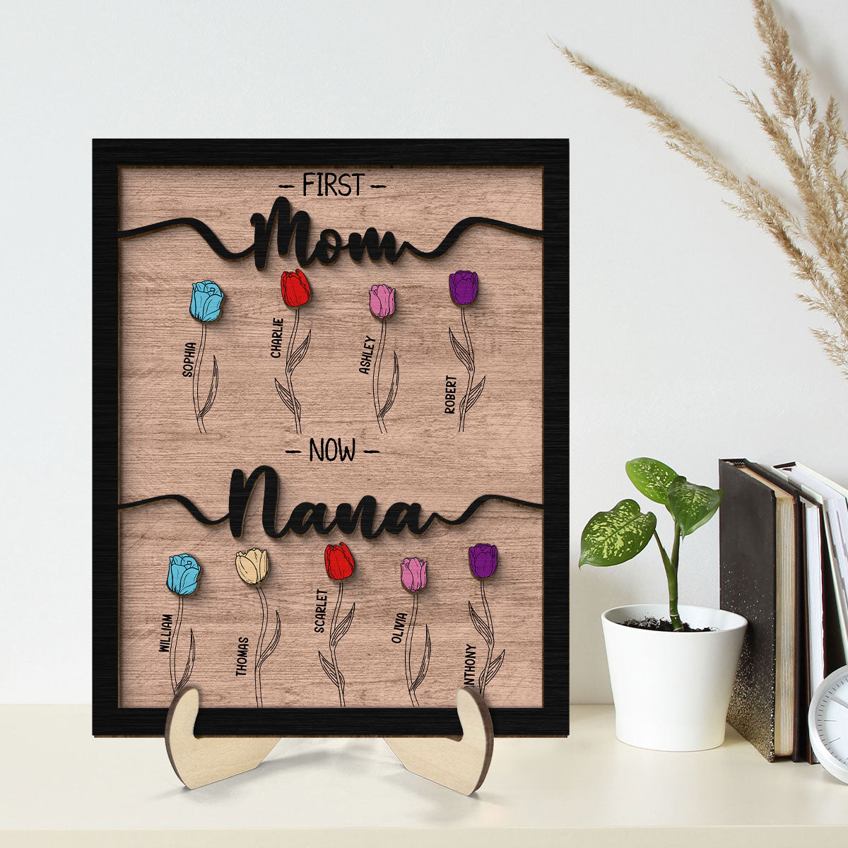First Mom Now Grandma Tulip Flowers Personalized 2-Layer Wooden Plaque, Birthday Gift, Anniversary GiftFor Grandma