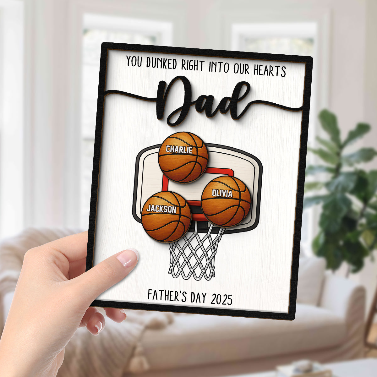 You Dunked Right into Our Hearts Dad Personalized 2-Layered Wooden Plaque,  Gift for Basketball Dad, Gift for Husband