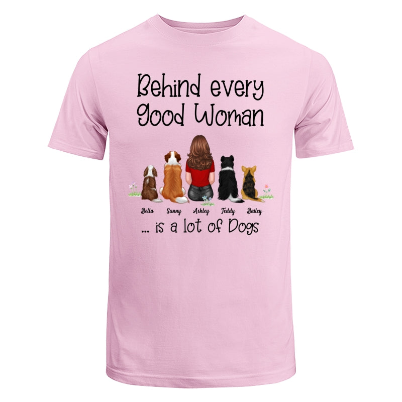 Behind Good Woman Are Dogs Back View Sitting Dog Personalized Light Color Shirt - Gift For Dog Lover