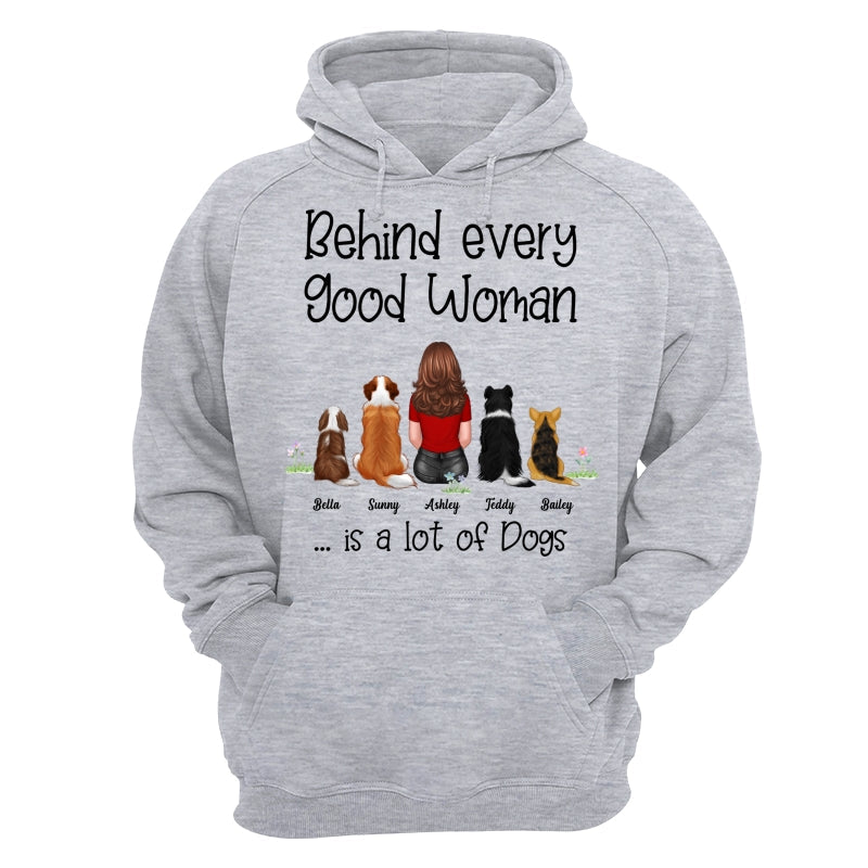 Behind Good Woman Are Dogs Back View Sitting Dog Personalized Light Color Shirt - Gift For Dog Lover