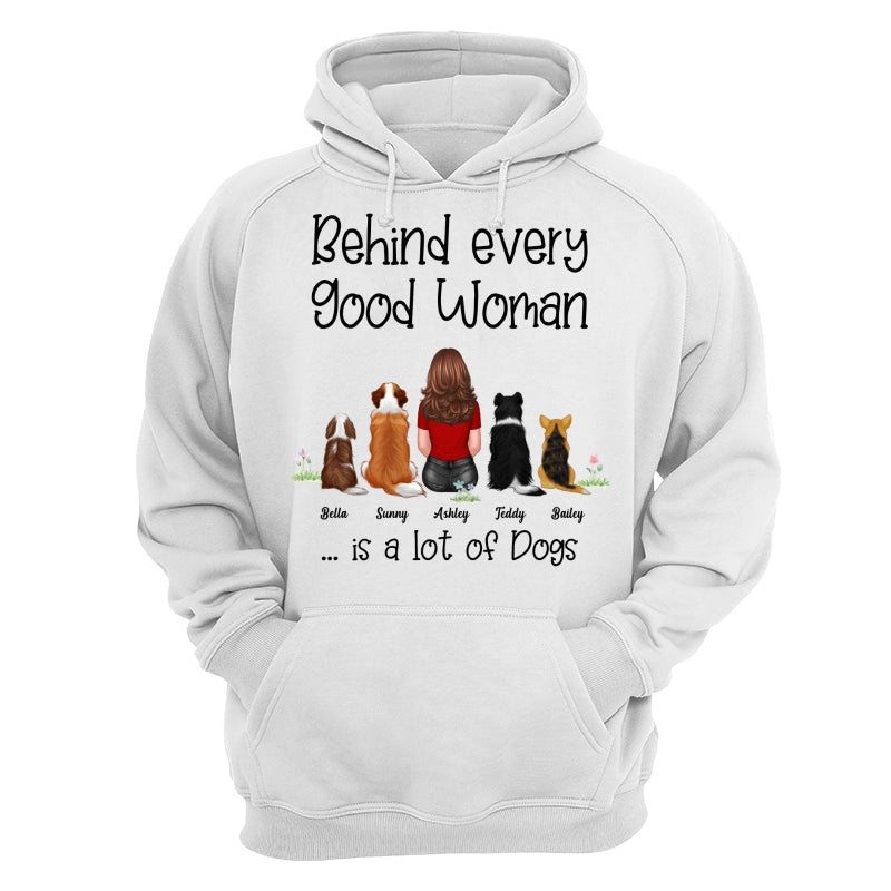 Behind Good Woman Are Dogs Back View Sitting Dog Personalized Light Color Shirt - Gift For Dog Lover