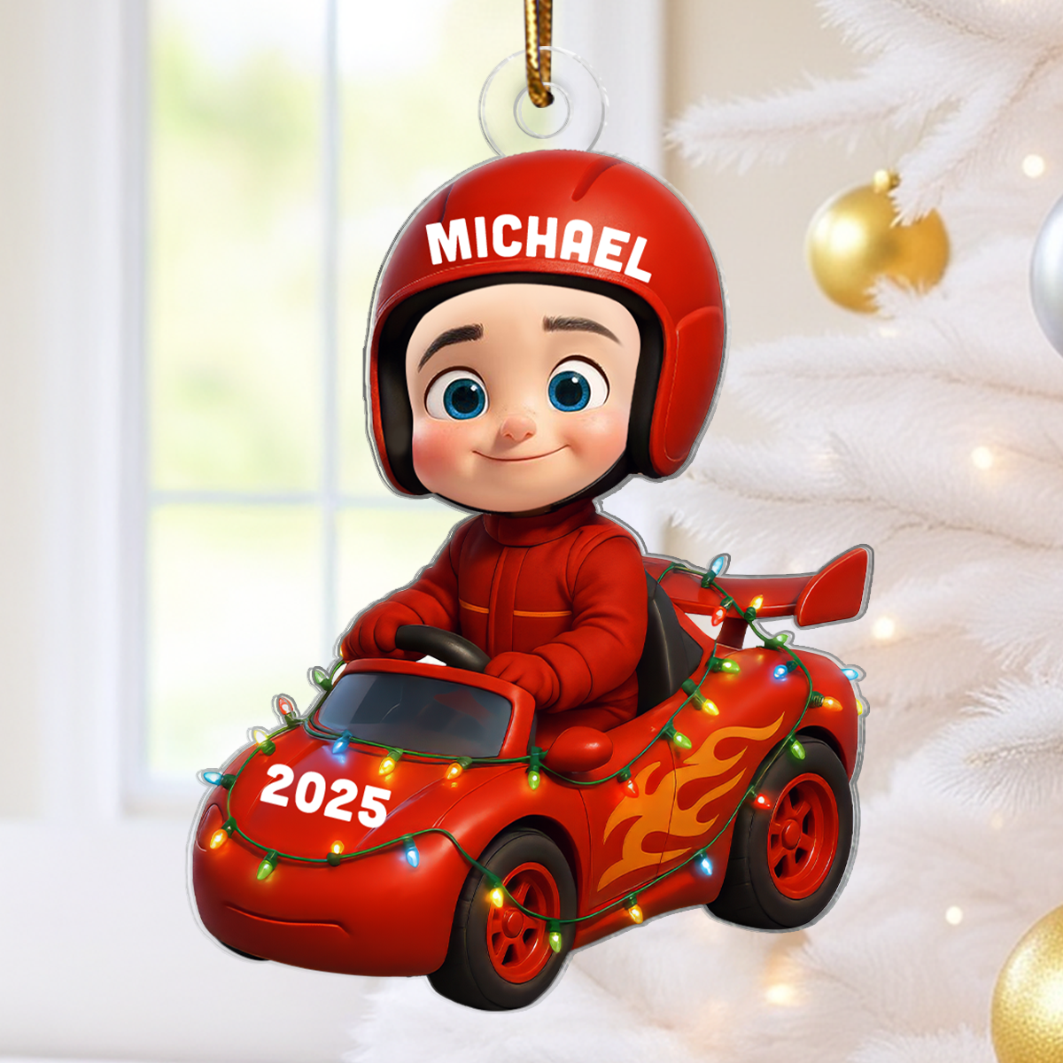 3D Effect Little Kid Racing Car Christmas Personalized Acrylic Ornament