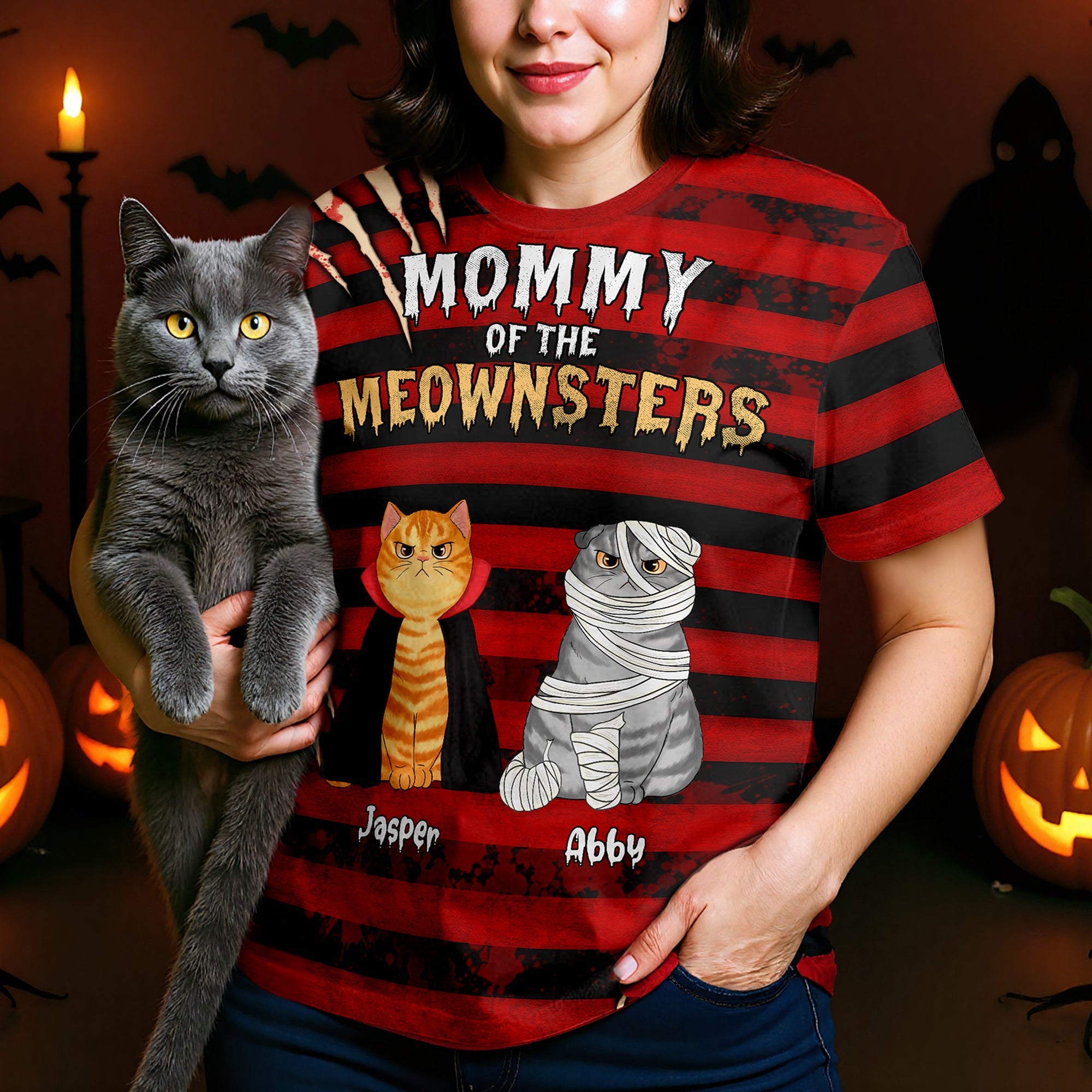 Halloween Horror Theme Cat Mom Cat Dad Personalized 3D Shirt, Halloween Costume For Cat Lovers