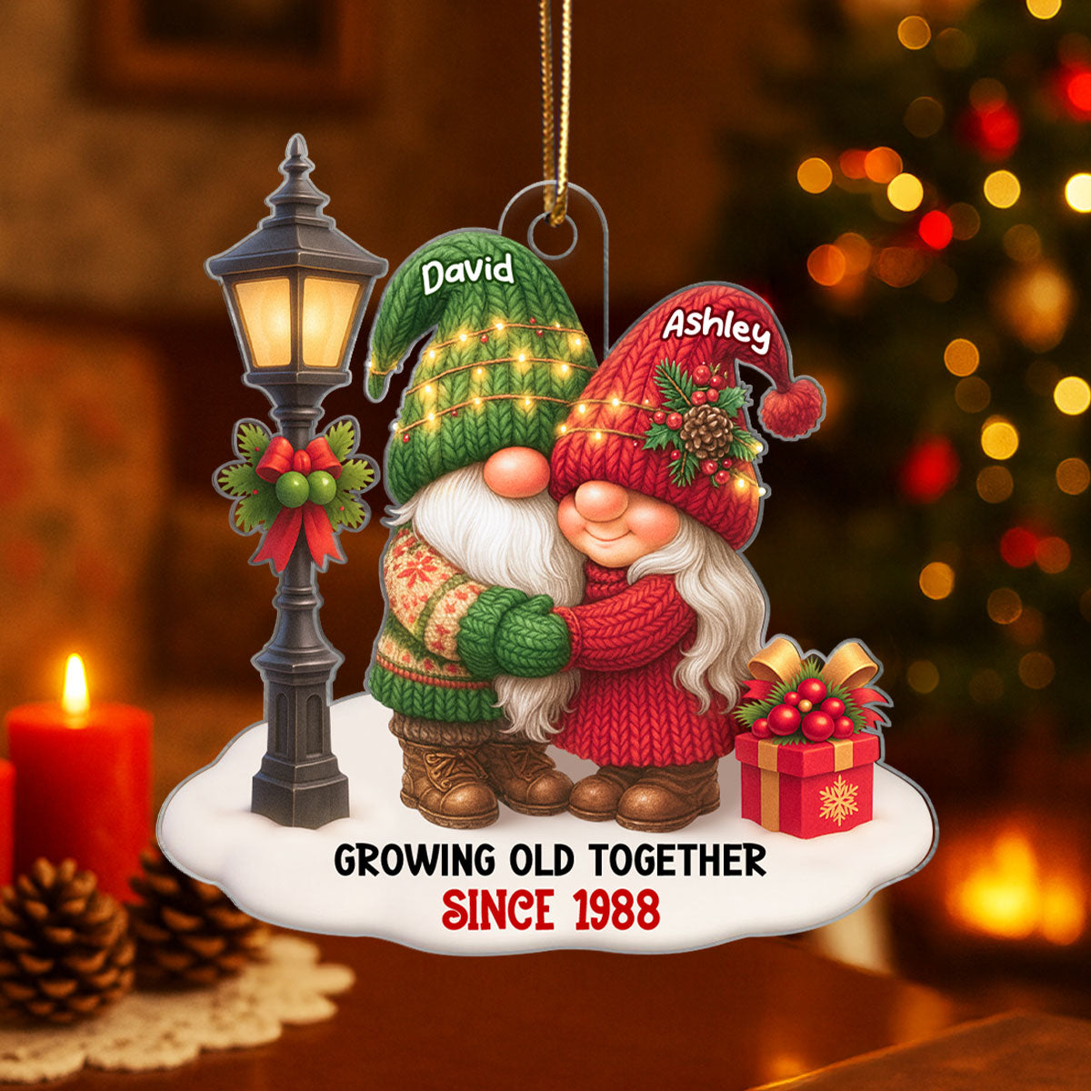 Gnome Christmas Couple Growing Old Together - Personalized Acrylic Ornament - Gift for Him, Gift for Her