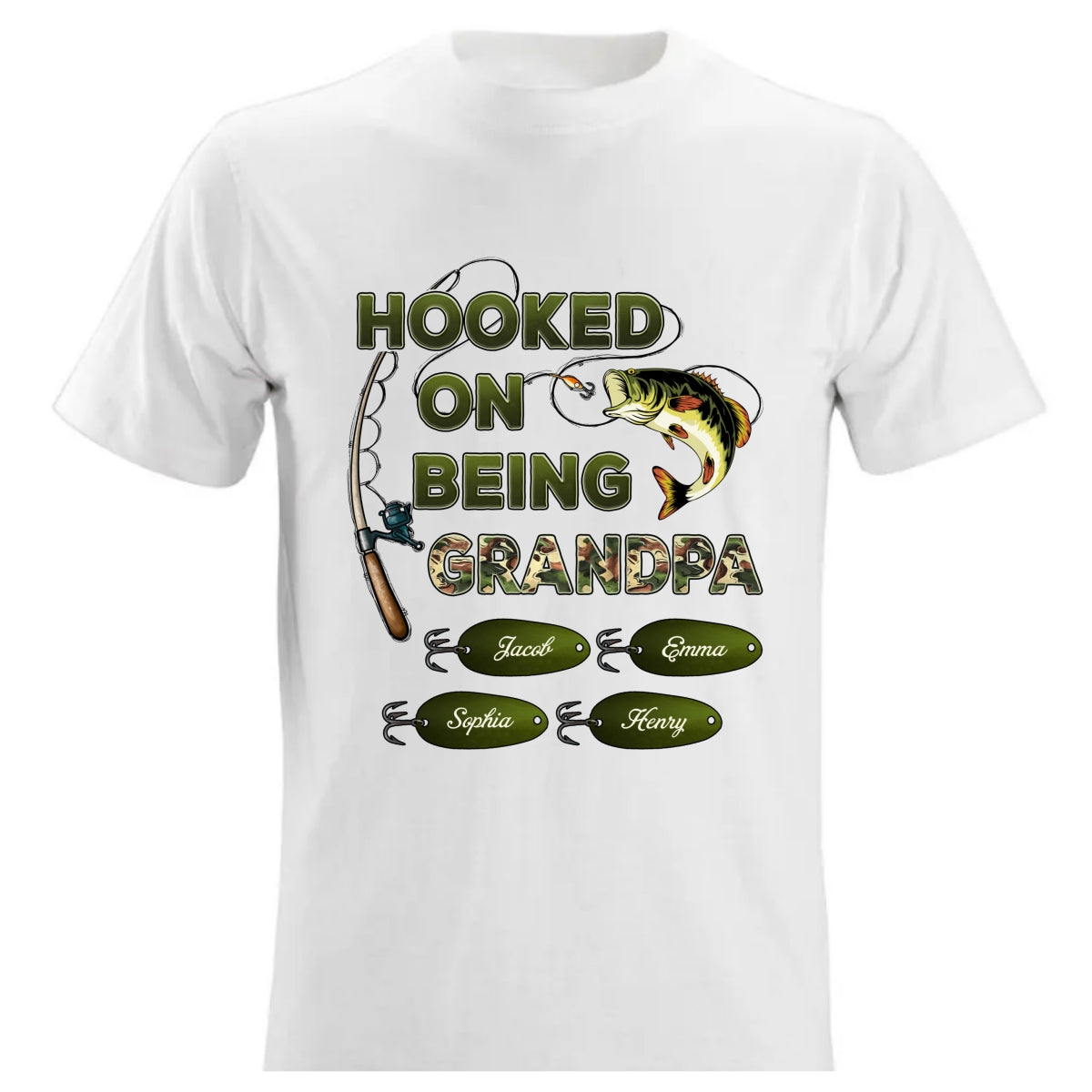 Hooked On Being Grandpa Papa Fishing Camouflage - Personalized Shirt - Gift For Proud American Dad, Grandpa
