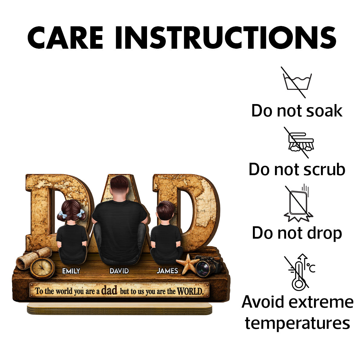 World Best Dad 2D Flat - Personalized Wooden Plaque -  Gift for Dad, Husband