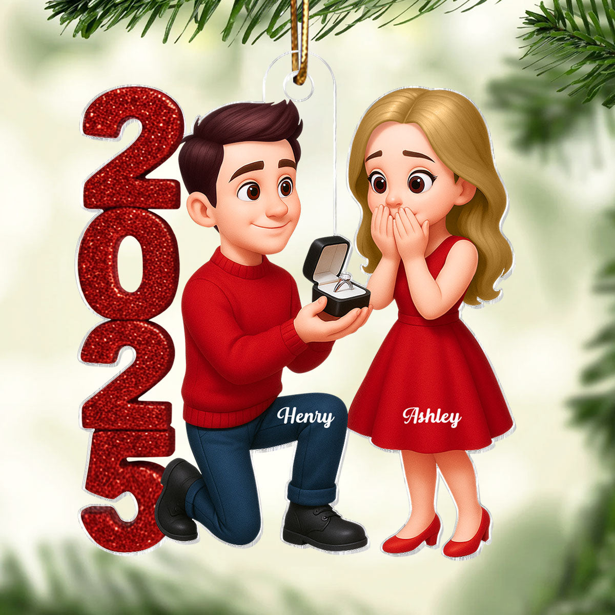 3D Glitter Effect 2025 Marriage Proposal Couple - Personalized Acrylic Ornament - Newly Engaged Gift, ""She Said Yes!"" Ornament