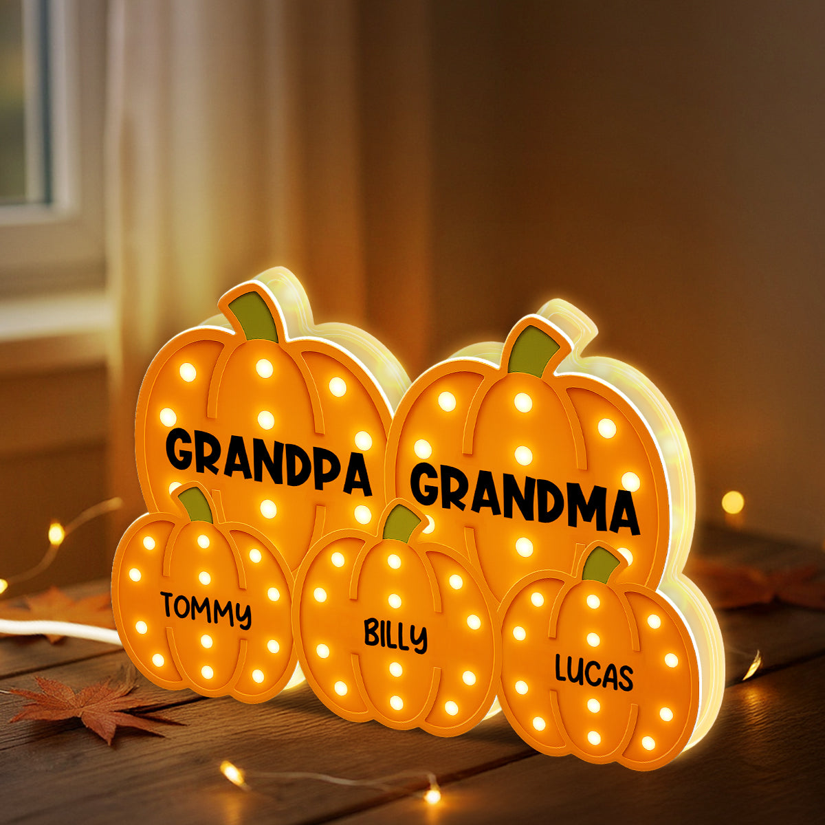 3D Effect Grandma Grandpa Grandkids Pumpkin Patch Marquee Pattern - Personalized Light Box - Cozy Fall Home Decor