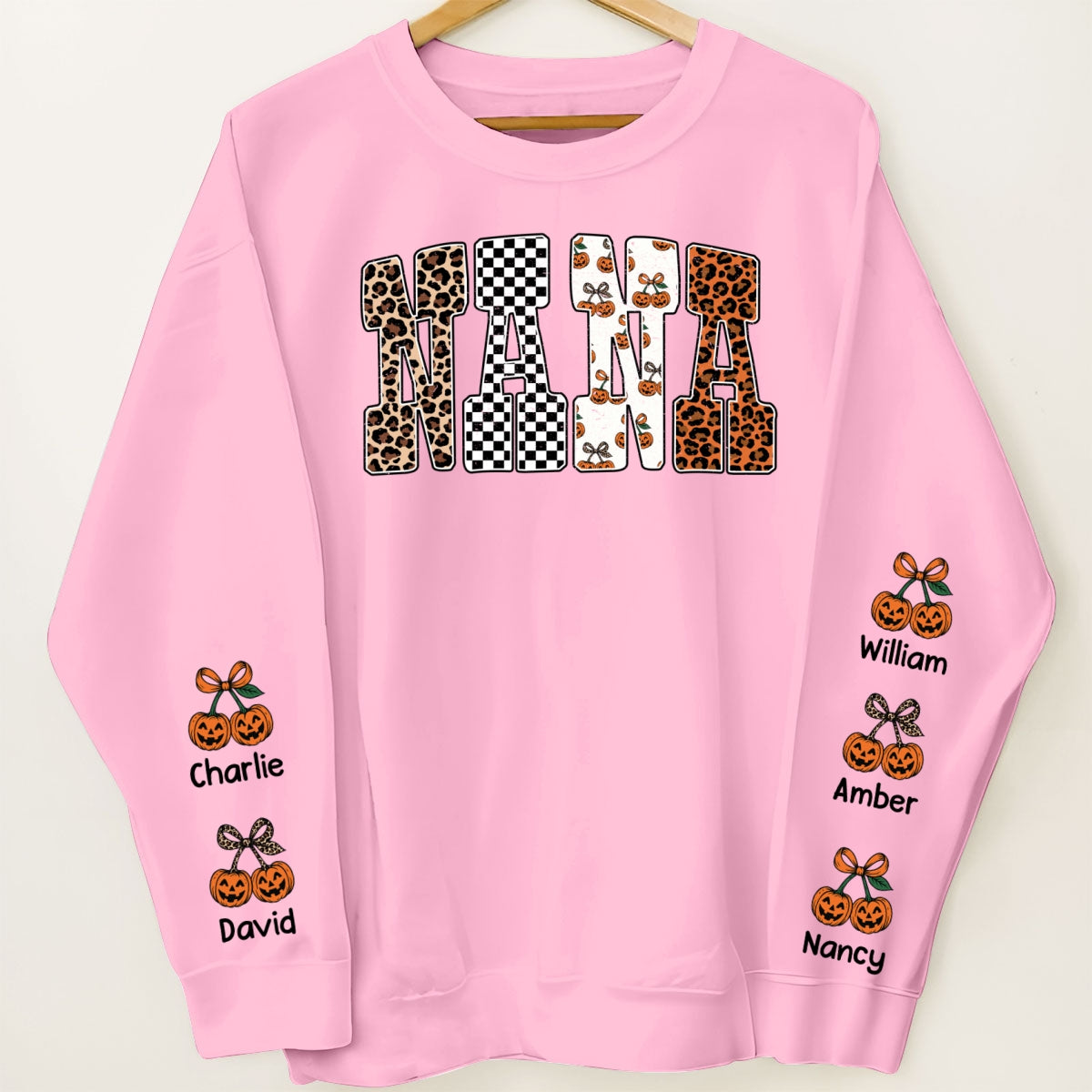 Trendy Fall Mama Personalized Sweatshirt – Leopard, Pumpkin & Checkerboard Fall Halloween Sweatshirt