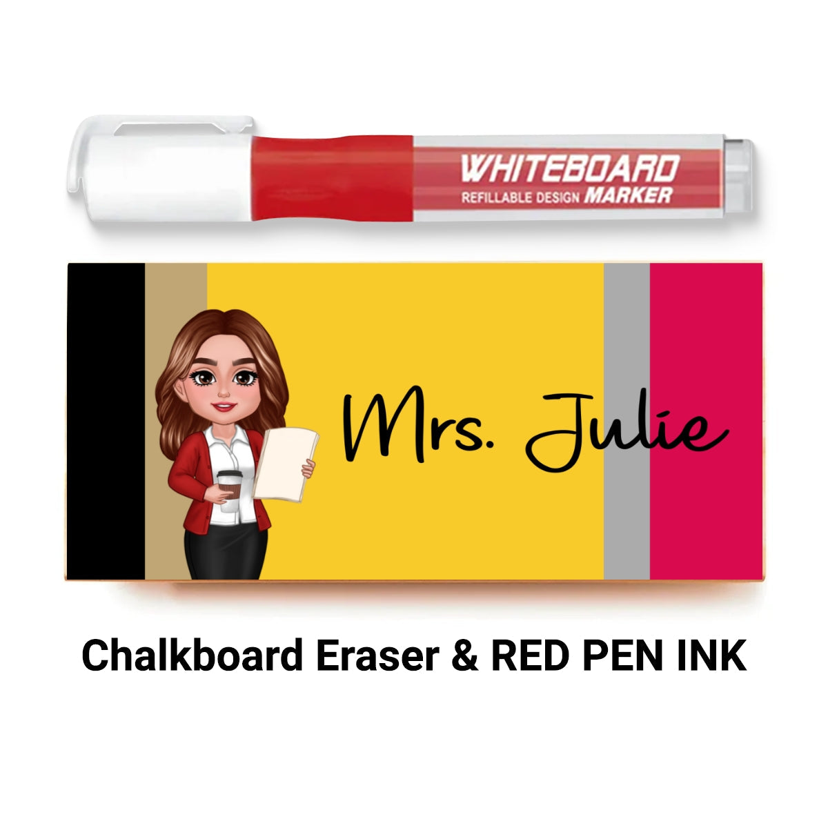 Doll Teacher Pencil Pattern Personalized Chalkboard/Whiteboard Eraser with Marker, Teacher Appreciation Gift, Back To School Gift