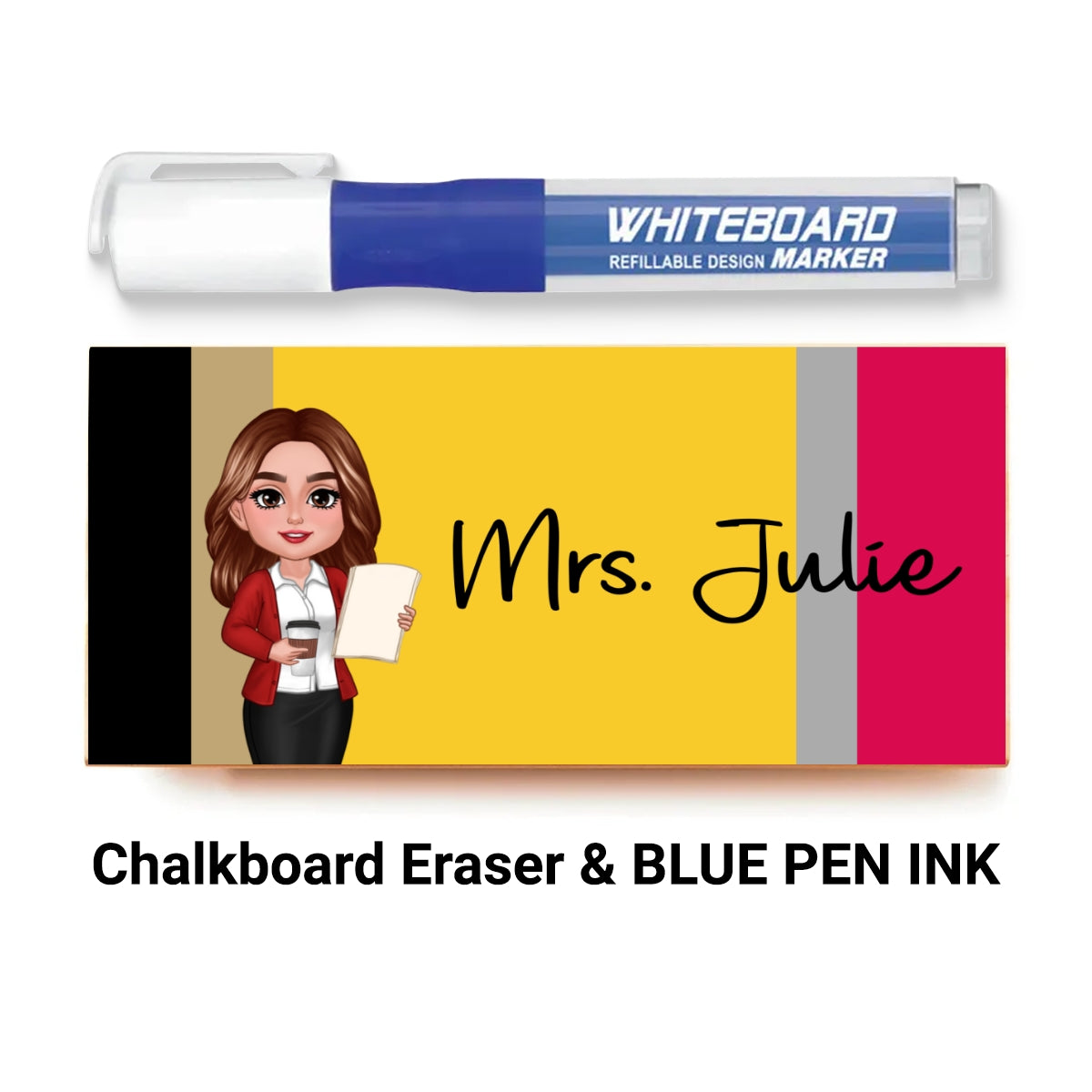 Doll Teacher Pencil Pattern Personalized Chalkboard/Whiteboard Eraser with Marker, Teacher Appreciation Gift, Back To School Gift