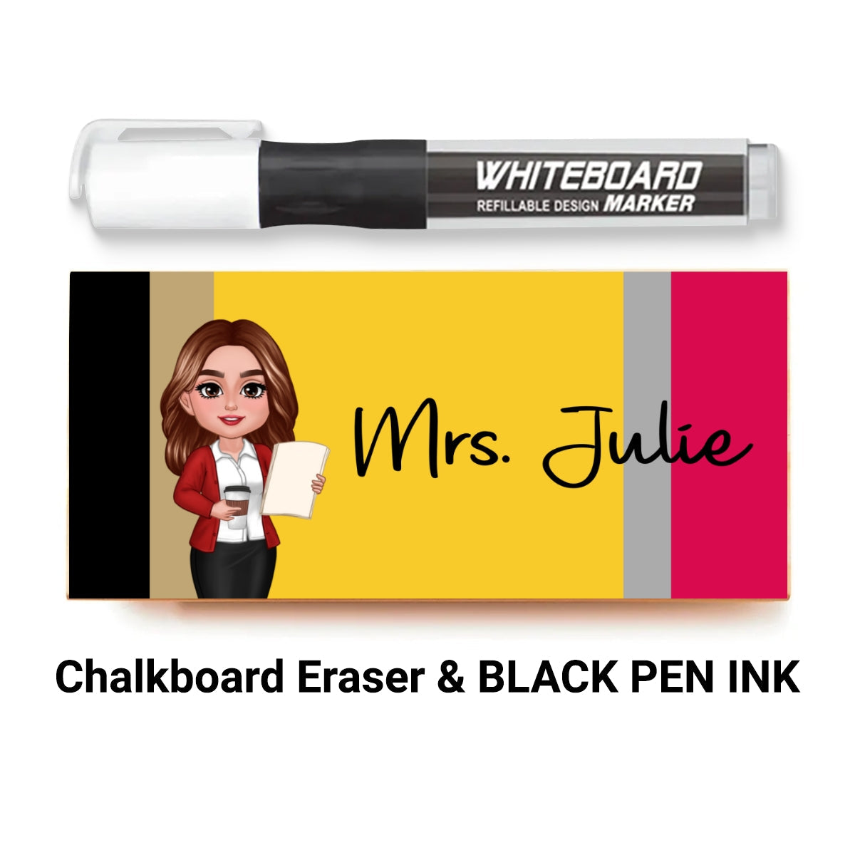 Doll Teacher Pencil Pattern Personalized Chalkboard/Whiteboard Eraser with Marker, Teacher Appreciation Gift, Back To School Gift