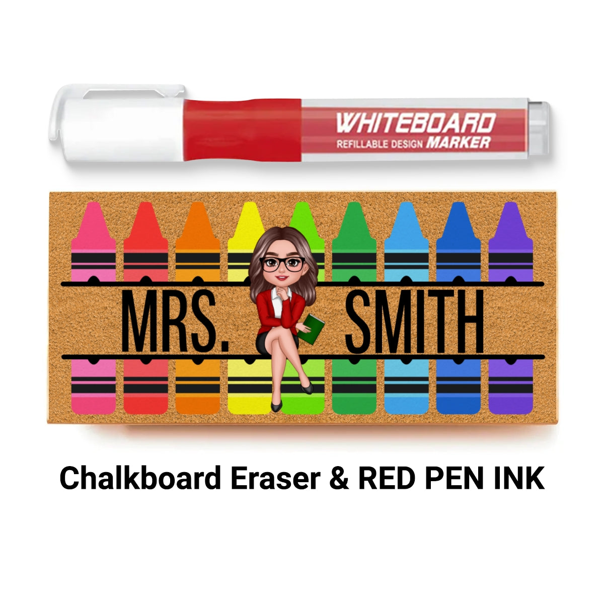 Teacher Sitting on Crayon Personalized Chalkboard/Whiteboard Eraser with Marker, Teacher Appreciation Gift, Back To School Gift
