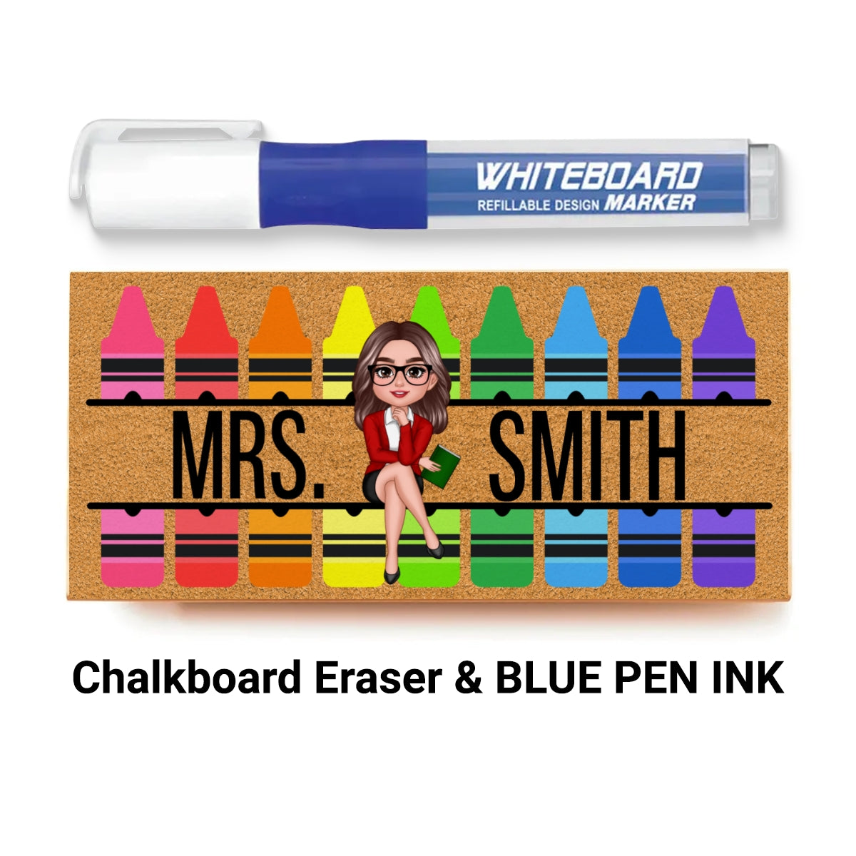 Teacher Sitting on Crayon Personalized Chalkboard/Whiteboard Eraser with Marker, Teacher Appreciation Gift, Back To School Gift