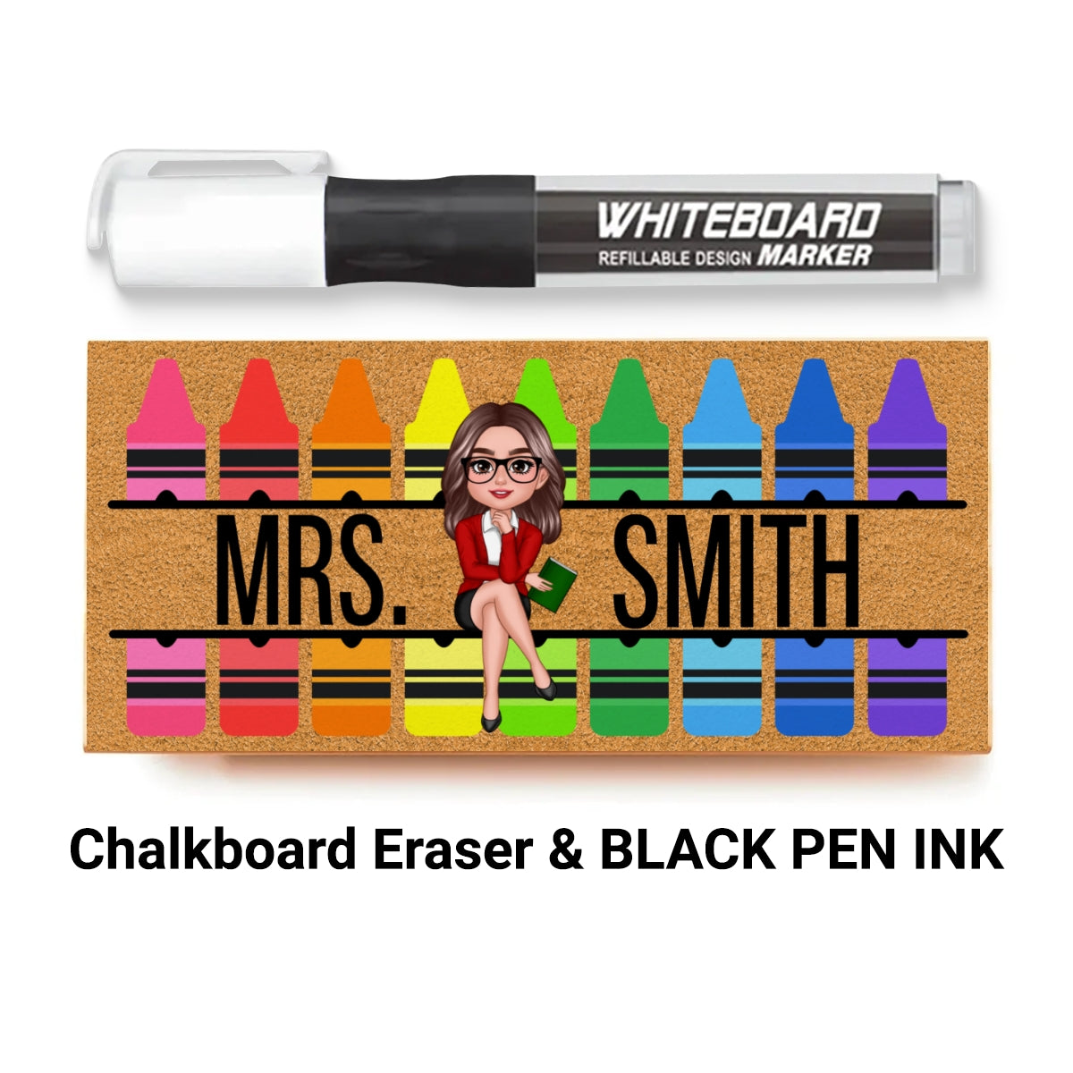 Teacher Sitting on Crayon Personalized Chalkboard/Whiteboard Eraser with Marker, Teacher Appreciation Gift, Back To School Gift