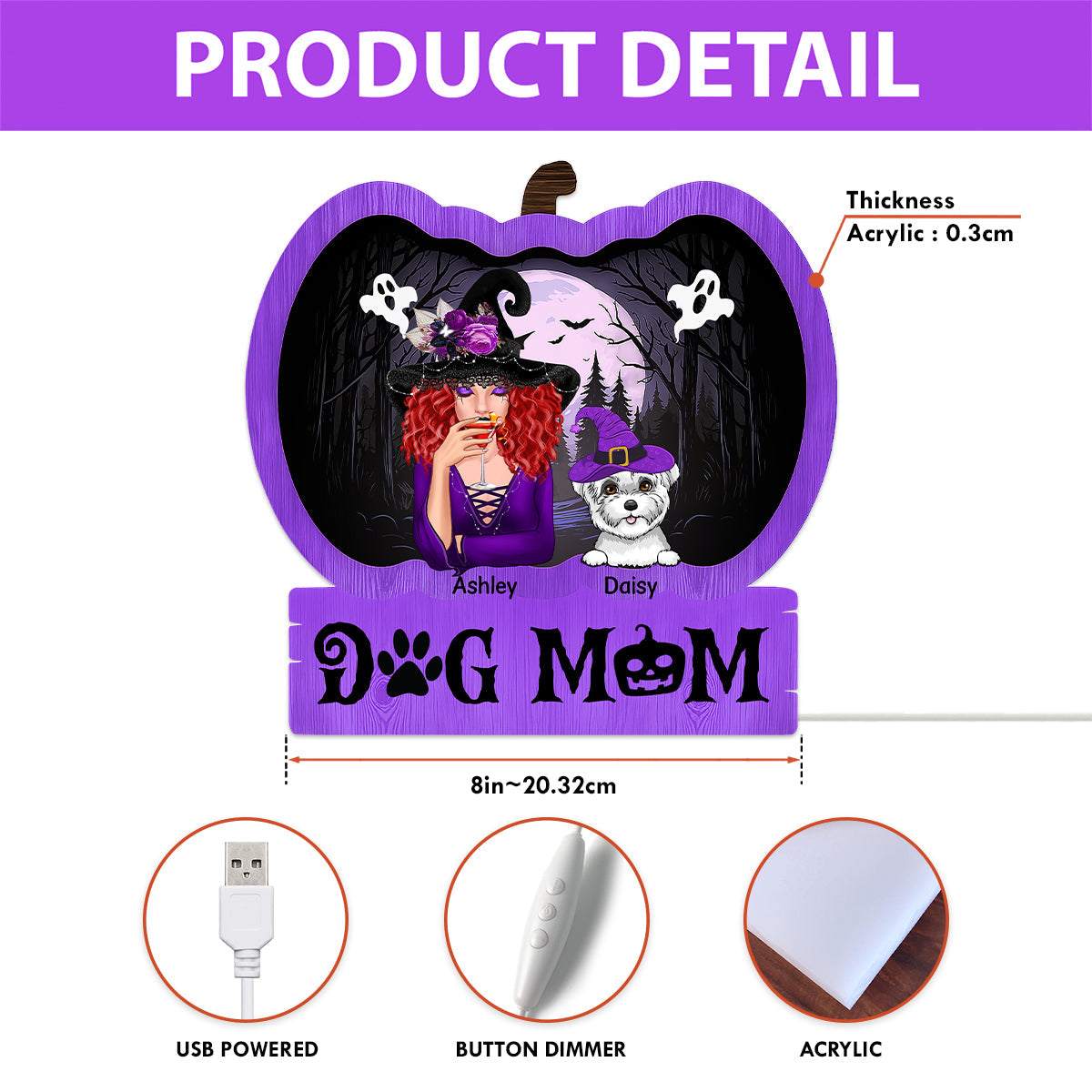 Halloween Dog Mom Personalized Light Box With 7 LED Colors, Spooky Halloween Decoration