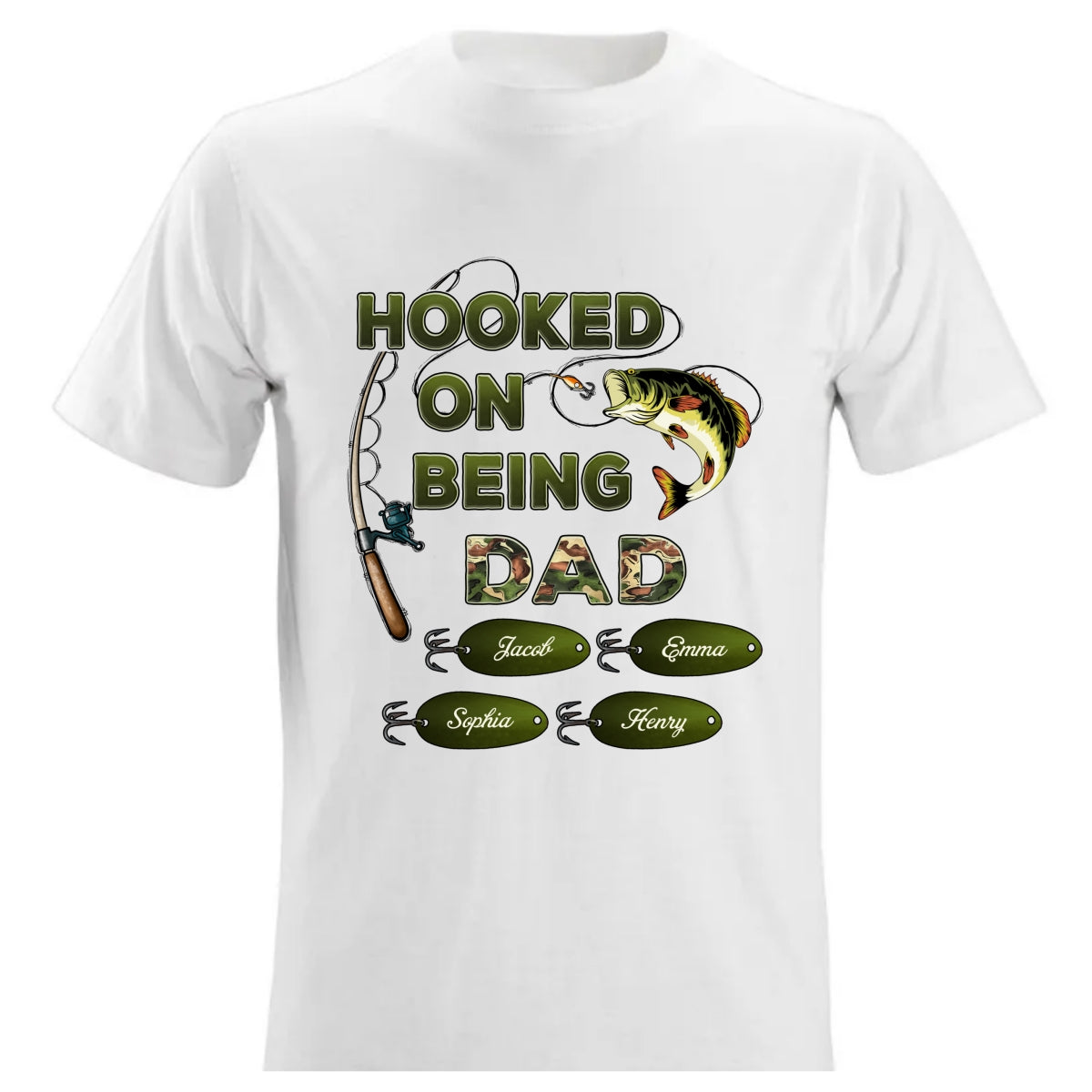 Hooked On Being Dad Grandpa Fishing Camouflage Personalized Shirt, Gift For Dad, Husband, Grandpa