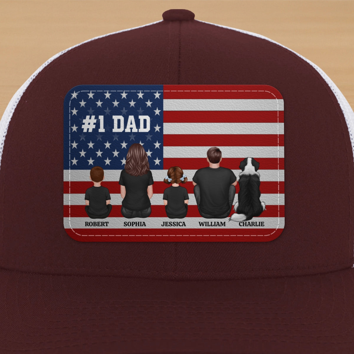 Nation Flag Dad And Kids Sitting Personalized Leather Patch Hat, Gift For Dad