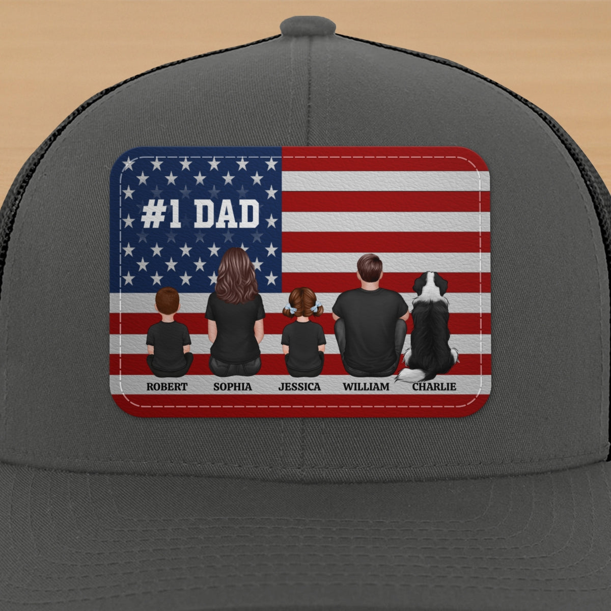 Nation Flag Dad And Kids Sitting Personalized Leather Patch Hat, Gift For Dad