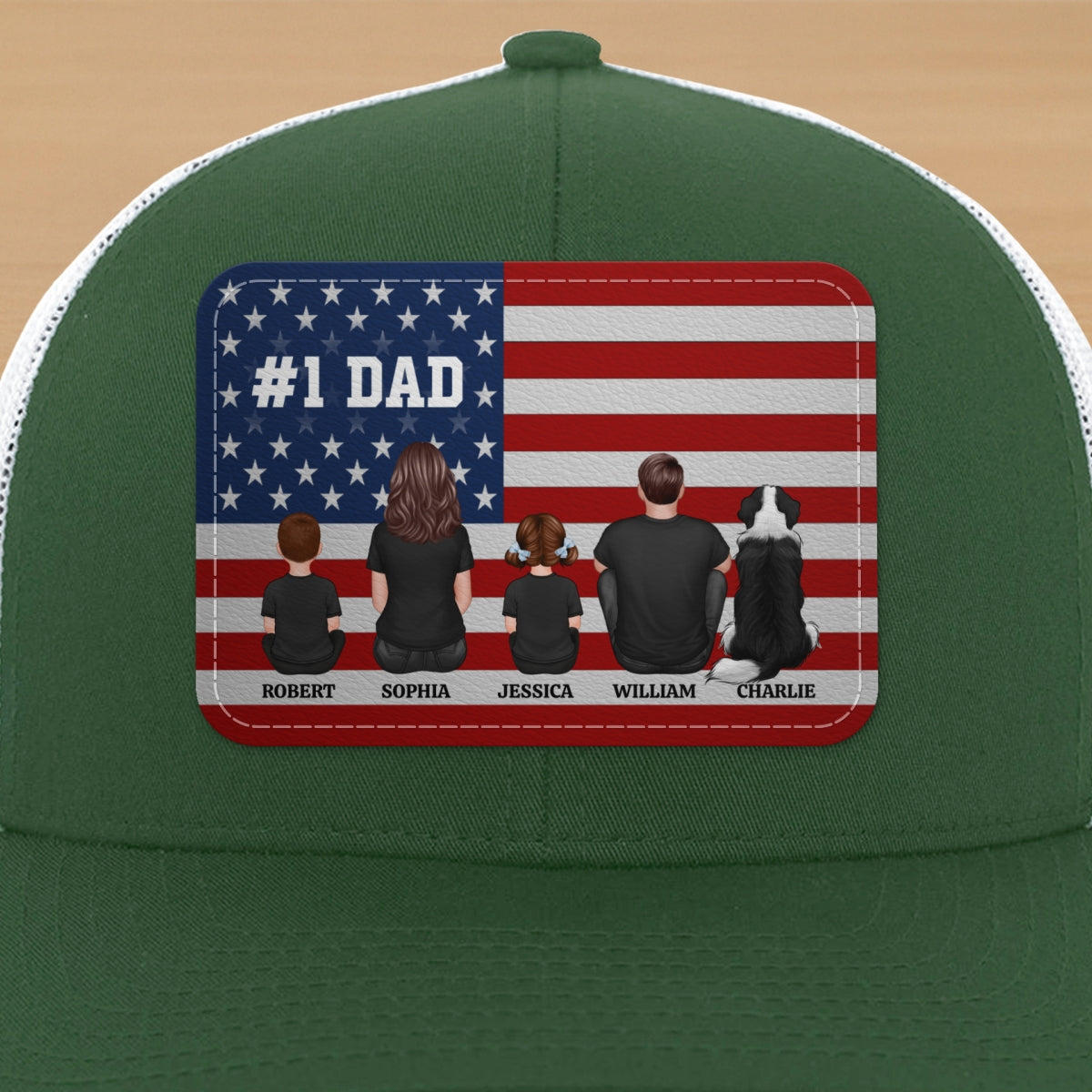 Nation Flag Dad And Kids Sitting Personalized Leather Patch Hat, Gift For Dad