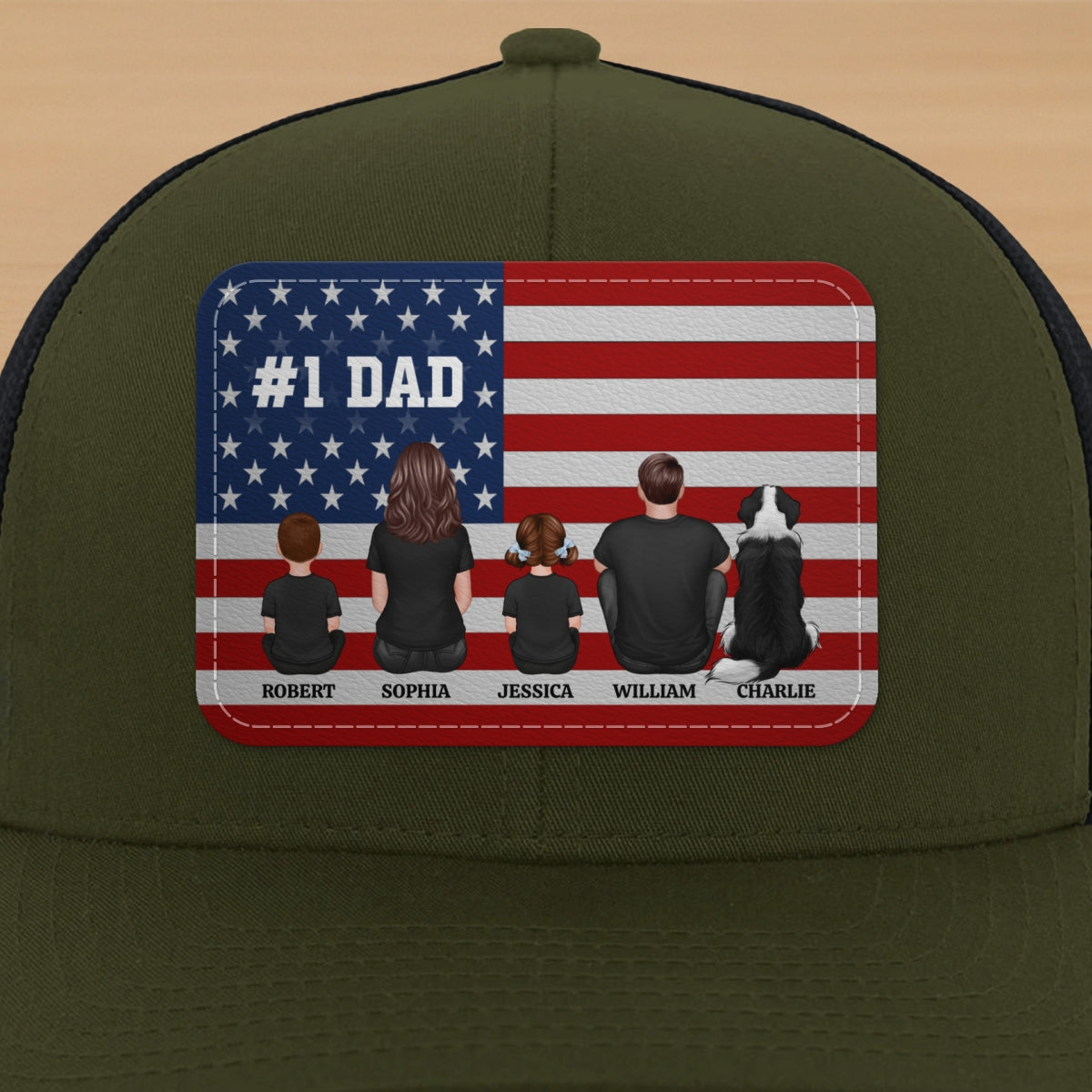 Nation Flag Dad And Kids Sitting Personalized Leather Patch Hat, Gift For Dad