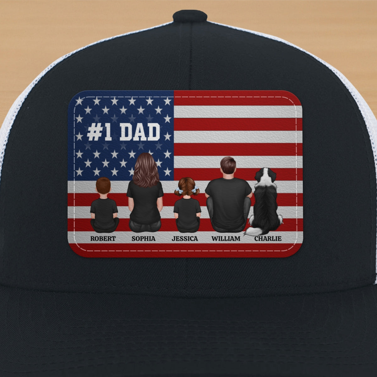 Nation Flag Dad And Kids Sitting Personalized Leather Patch Hat, Gift For Dad