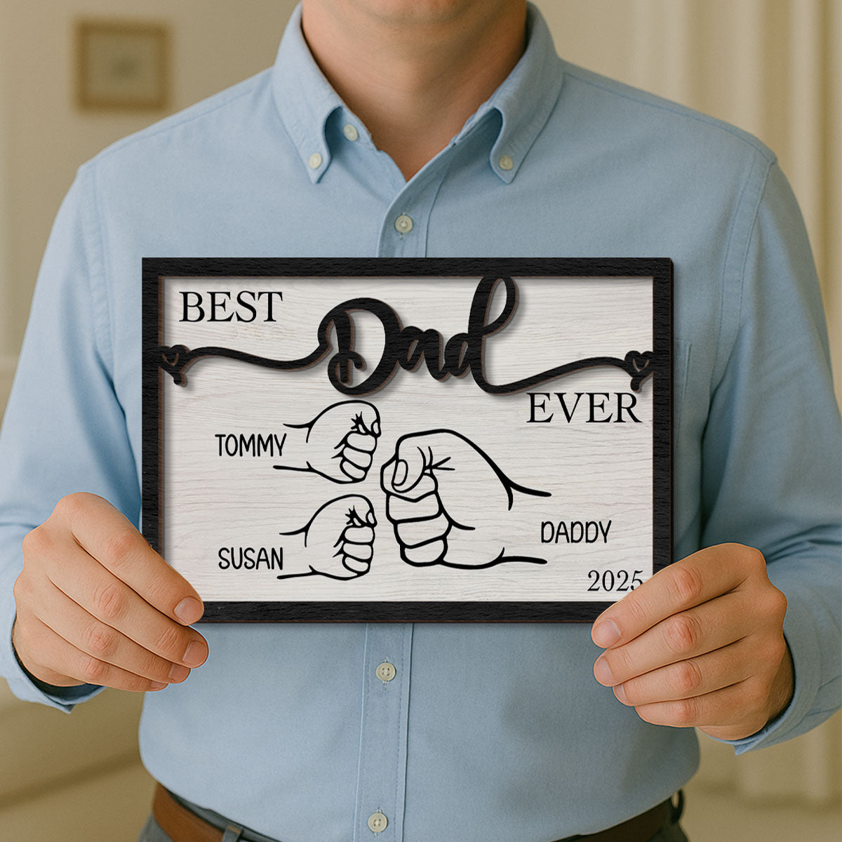 Personalized  Gift, Fist Bump Dad and Kids 2-Layer Wooden Plaque
