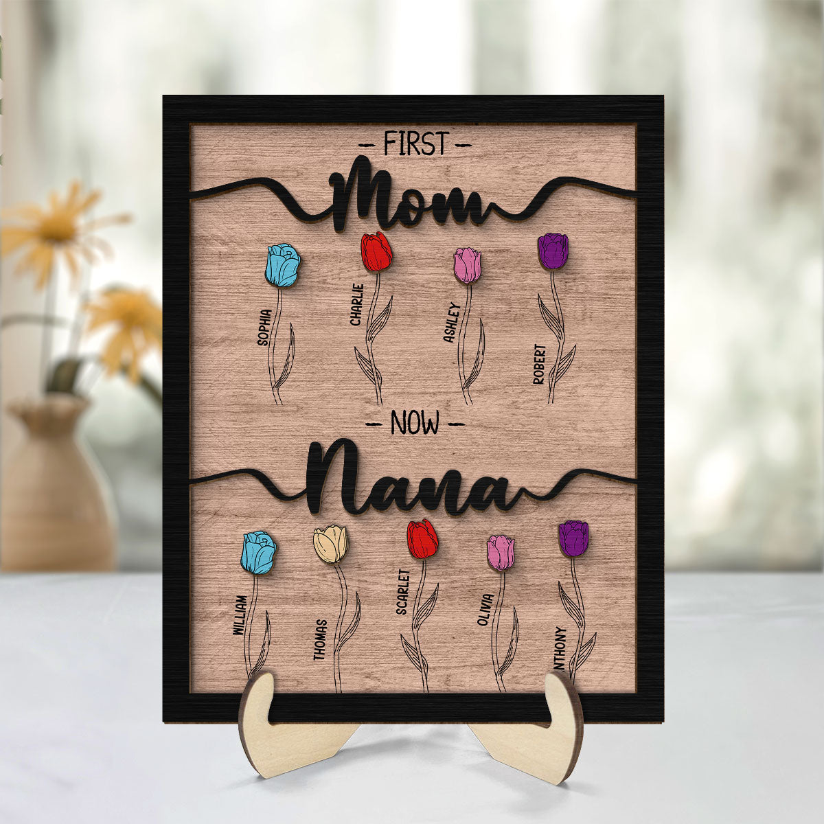 First Mom Now Grandma Tulip Flowers Personalized 2-Layer Wooden Plaque, Birthday Gift, Anniversary GiftFor Grandma
