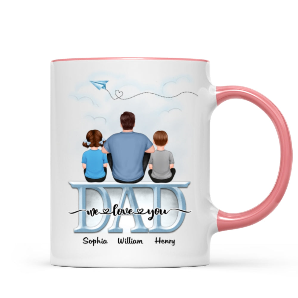 Back View Dad And Children Sitting On Word Father‘s Day Gift Personalized Mug