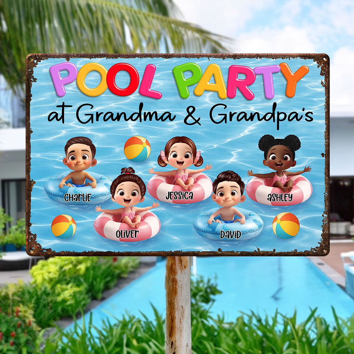 Pool Party At Grandma Grandpa Personalized Metal Sign, Grandchildren Welcome Sign