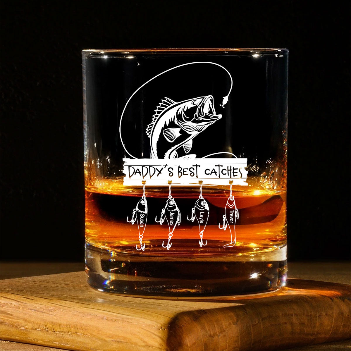 Daddy Grandpa Best Catch Personalized Whiskey Glass, Father's Day gift for Fishing Dad