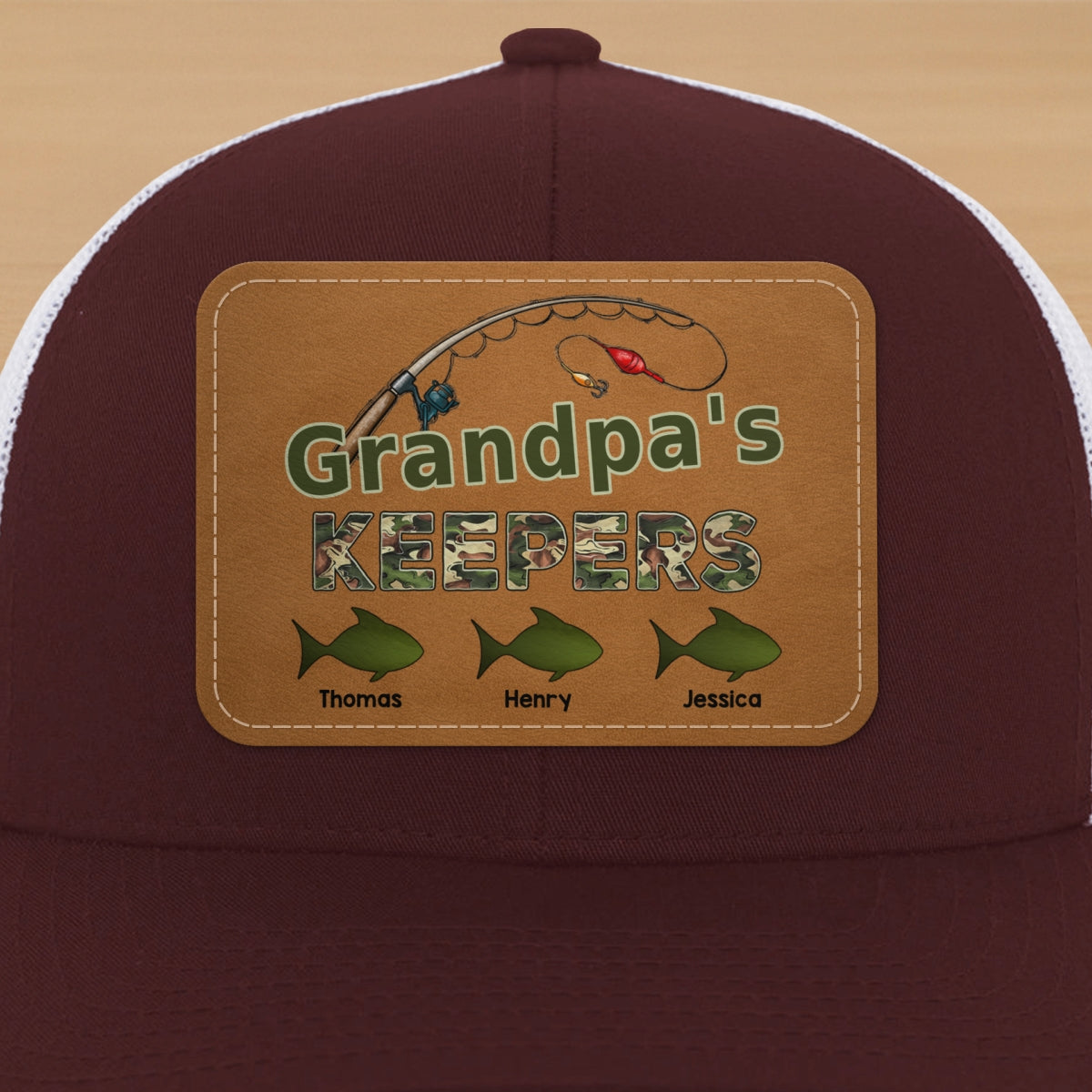 Grandpa‘s Keepers Fishing Camouflage Personalized Leather Patch Hat