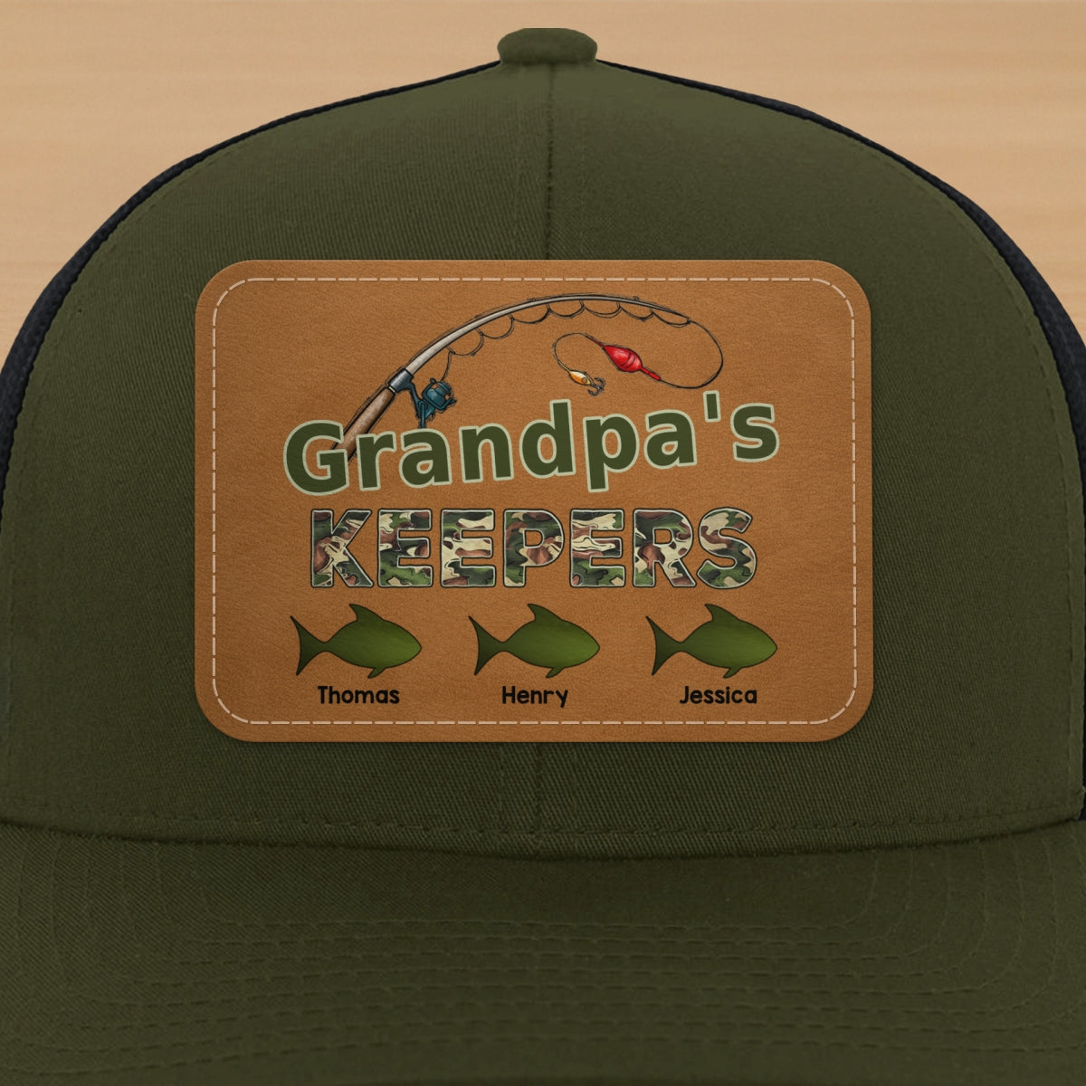 Grandpa‘s Keepers Fishing Camouflage Personalized Leather Patch Hat