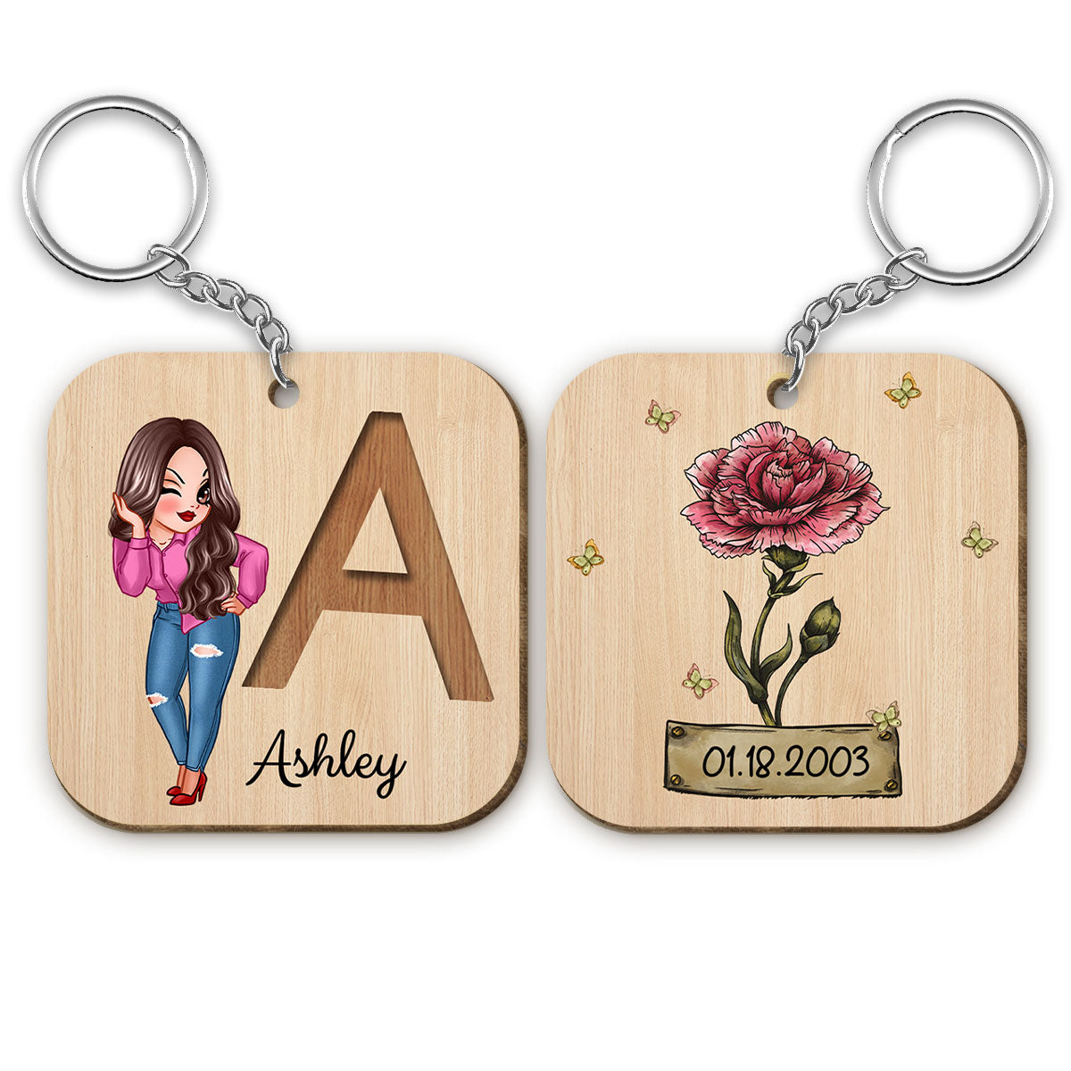 Custom Character & Birth Flower Initial Name Birthday Gift For Family Friends Personalized Wooden Keychain