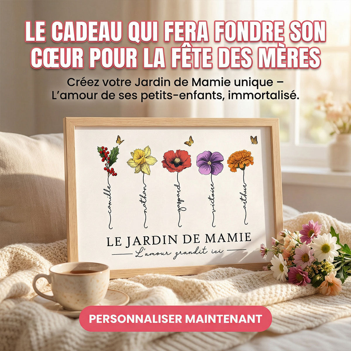 Le Jardin de Mamie Fleurs de Naissance - Affiche Personnalise - Cadeau de Fte des Mres
