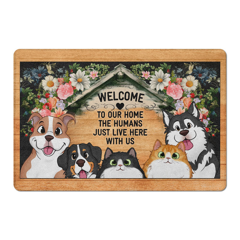 Welcome To Our Home Peeking Dogs Cats Personalized Door Mat
