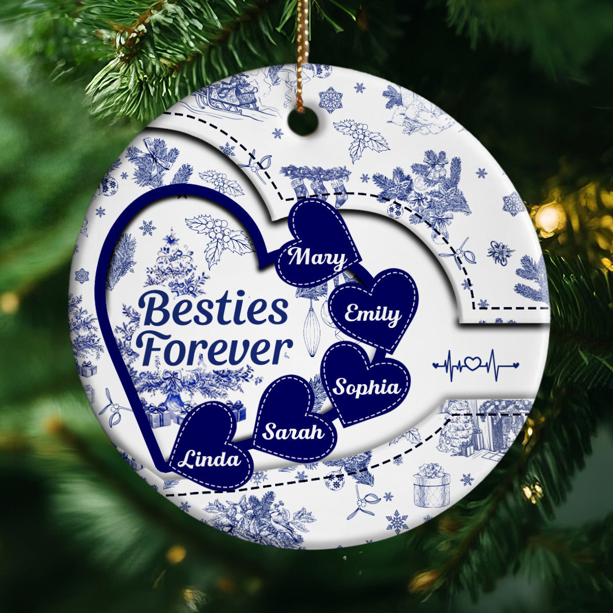 Besties With Hearts Toile De Jouy Style Personalized Circle Ornament