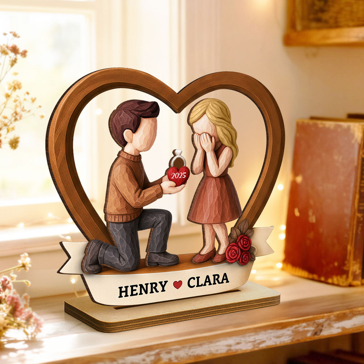 Couple Marriage Proposal 3D Wooden Effect - Personalized Wooden Plaque - Newly Engaged Gift, ""She Said Yes!""