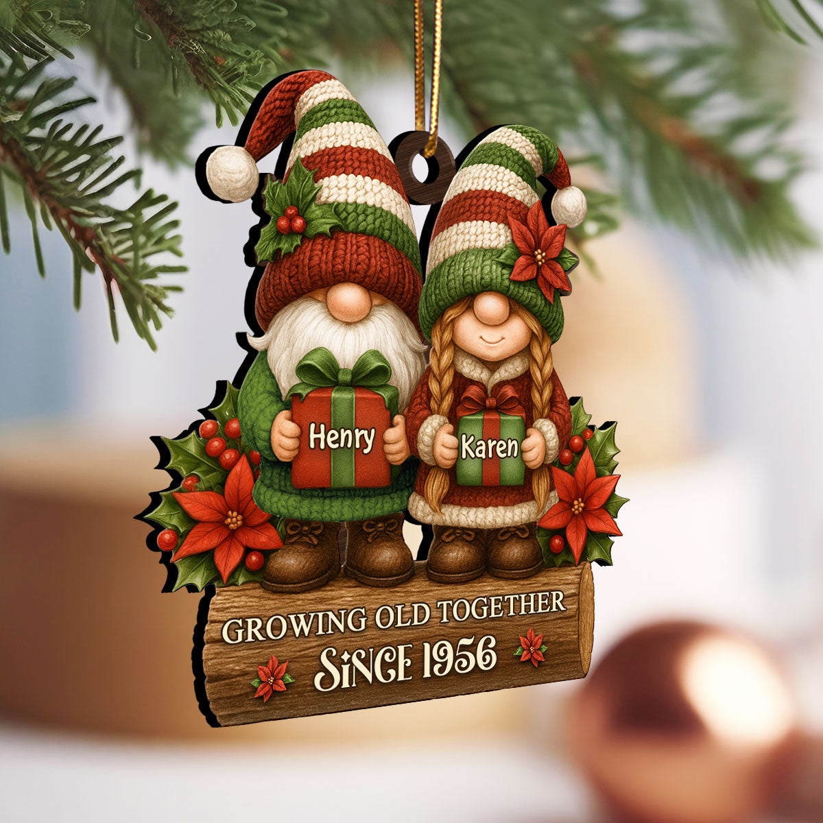 Gnome Couple Growing Old Together - Personalized Wooden Ornament - Christmas Gift for Husband, Wife