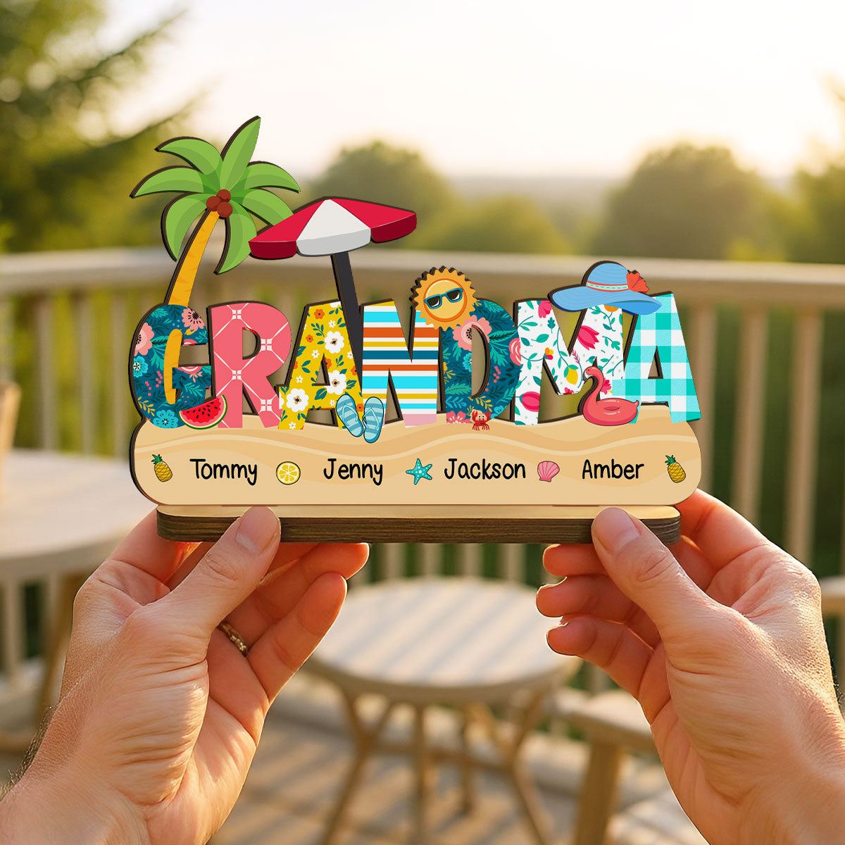 Summer Grandma Mom Pattern Personalized 2-Layer Standing Wooden Plaque