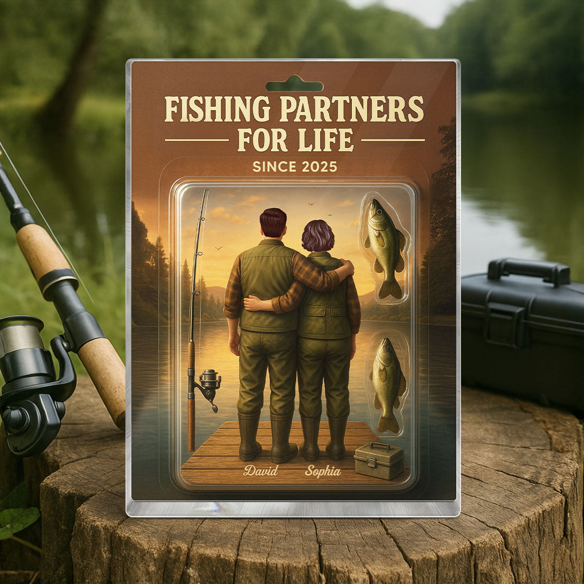 3D Effect Custom Figure Couple Together Fishing Partners For Life Personalized Rectangle Acrylic Block Plaque