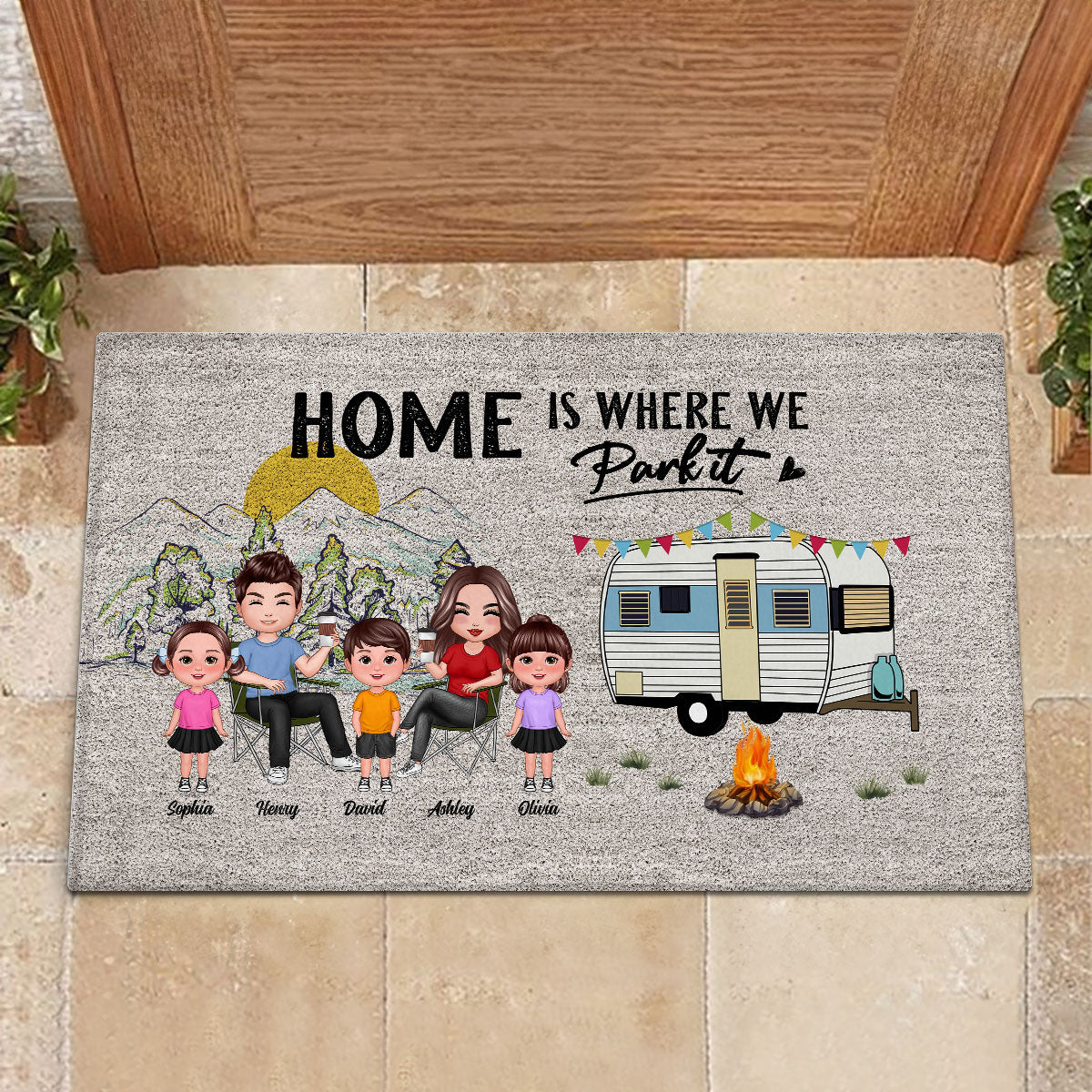 Home Is Where We Park It Doll Family Camping Personalized Doormat