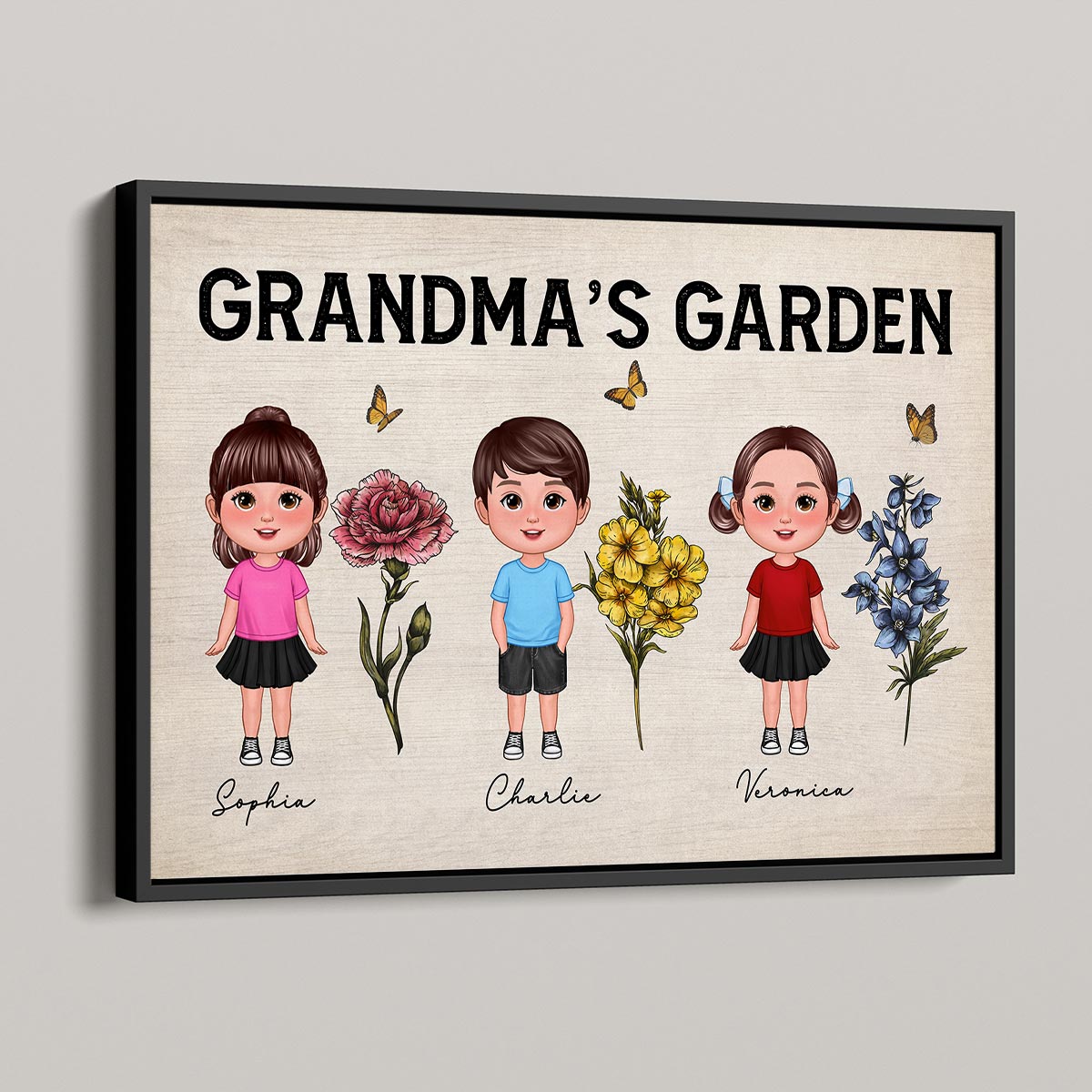 Grandma‘s Garden Cute Grandkids Standing With Beautiful Vintage Birth Flowers Personalized Poster