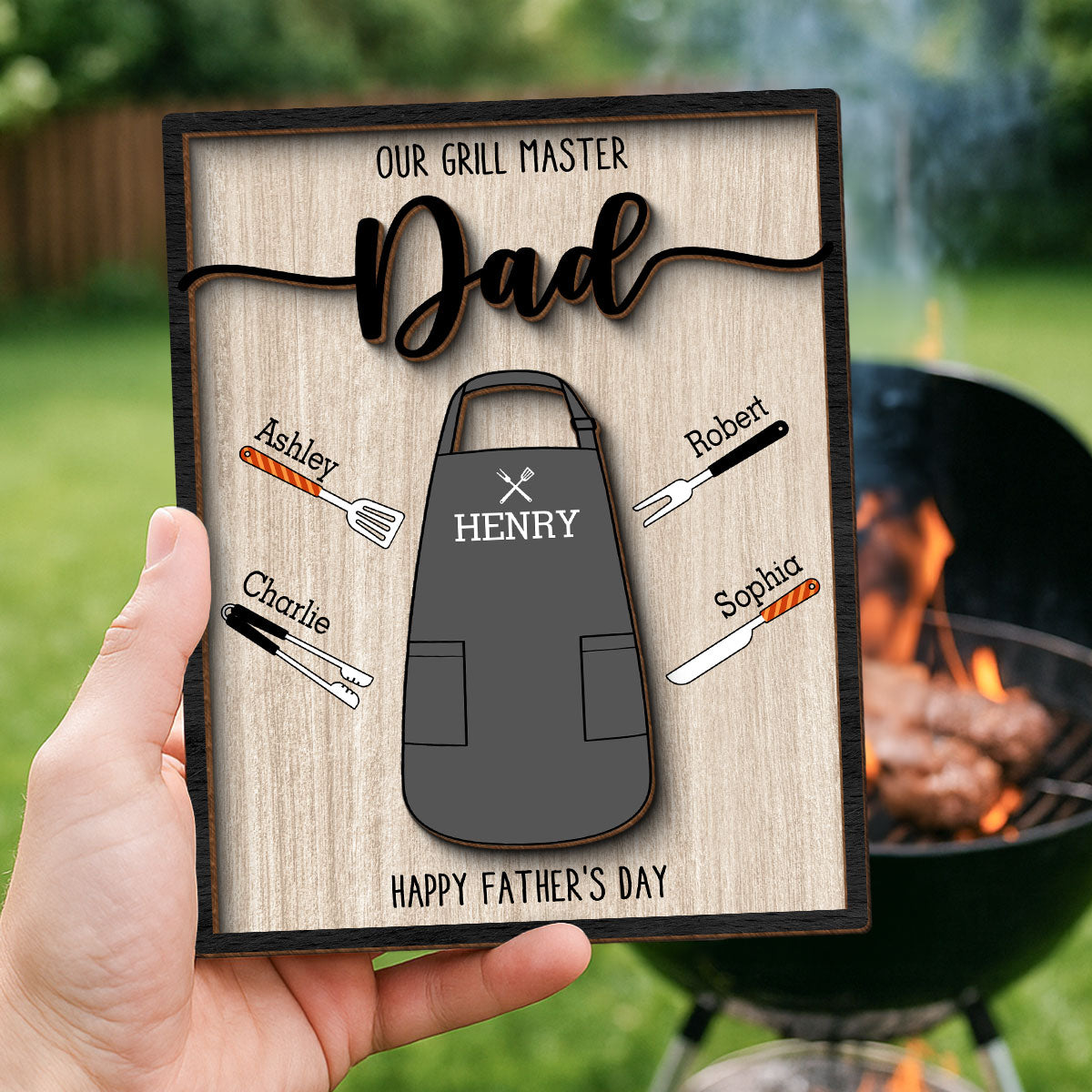 Our Grill Master Apron And Tools With Kids' Names Personalized 2-Layer Wooden Plaque,  Gift For Husband, For Dad, For Grandpa
