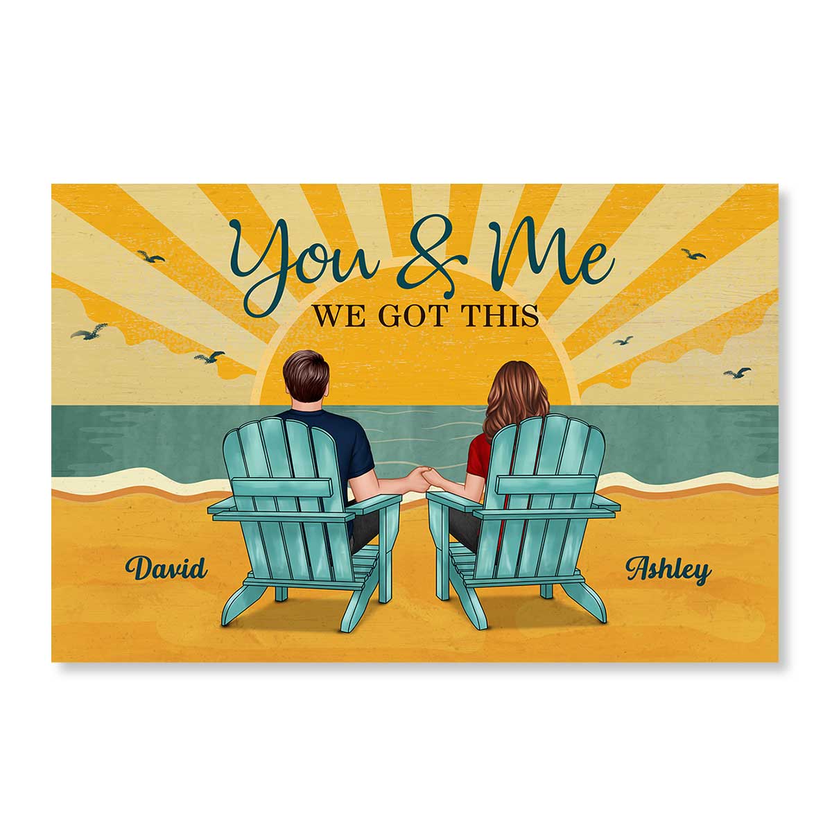 Back View Couple Sitting Beach Landscape Retro Yellow Personalized Horizontal Poster